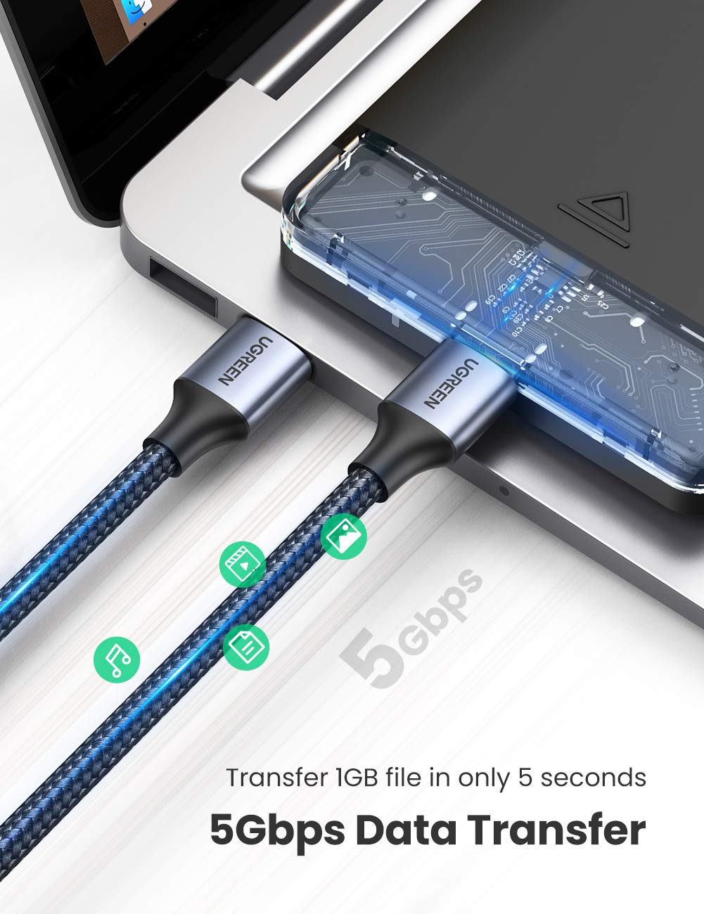 Thumbnail 2 de UGREEN 80789 USB 3.0 A-to-A Cable, 0.5 m Braided, 5Gbps