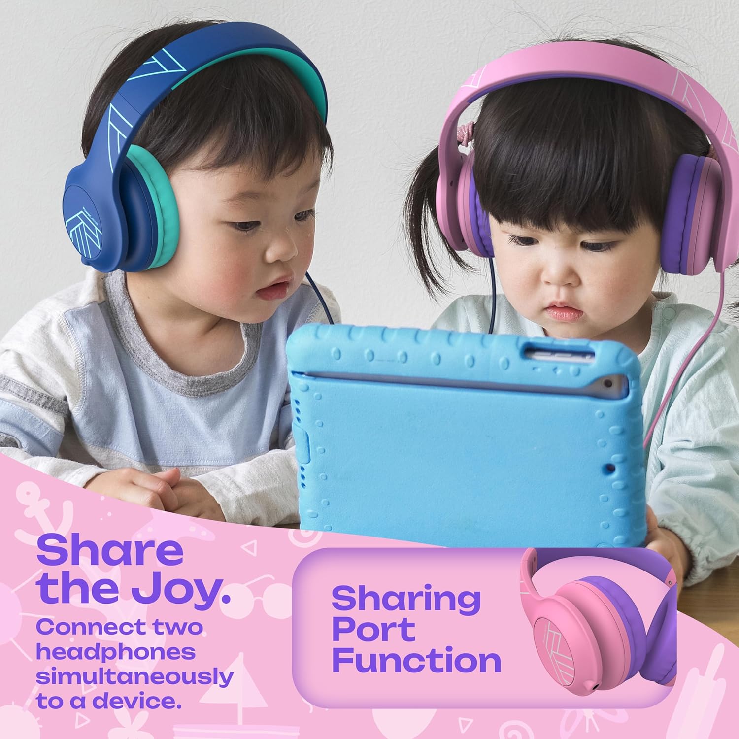 Thumbnail 6 de PowerLocus Kids Headphones with Microphone – 85/94dB Safe Volume, Foldable Over-Ear 3.5mm, Shared Audio for School and Travel (Pink)