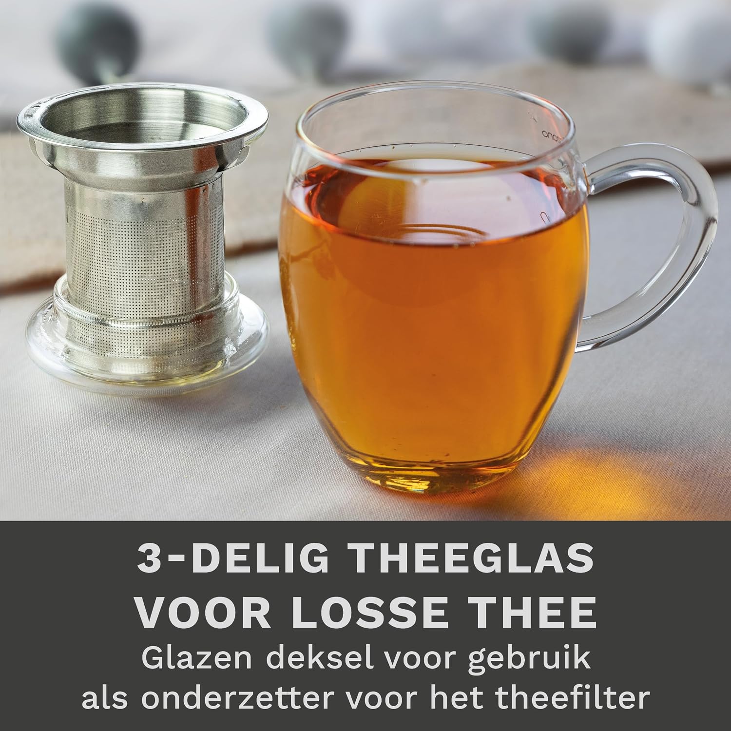 Detalle de Creano 078 theeglas van 400 ml met RVS-filter en deksel