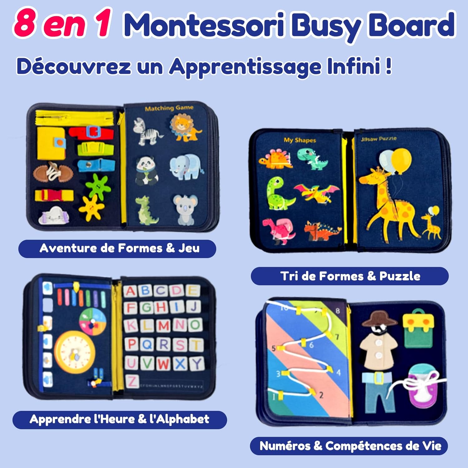 Detalle de Qizfun Busy Board Montessori pour Bébé et Tout-Petits – Jouet Sensoriel Éducatif 8-en-1