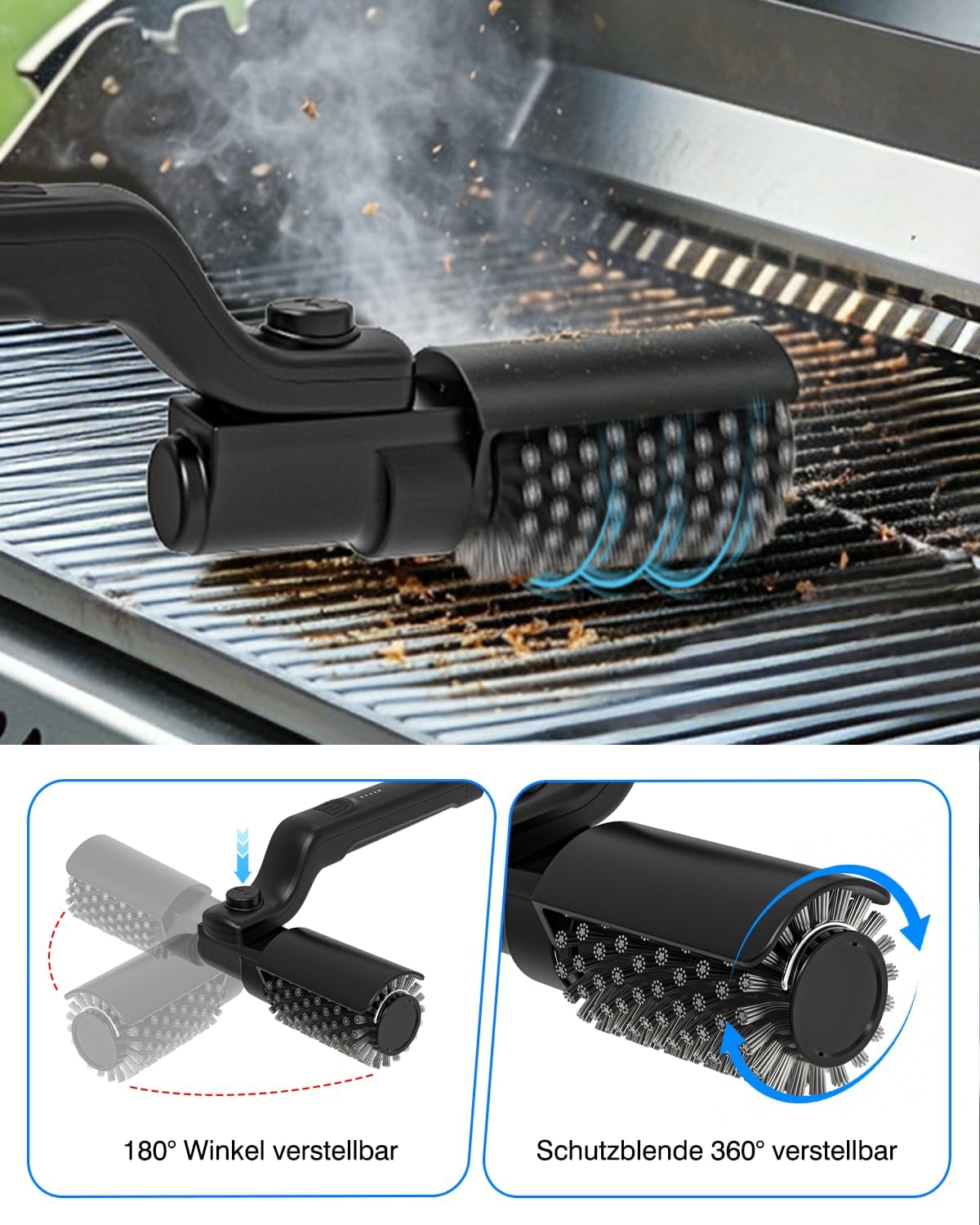 Detalle de Elektrische Grillbürste mit 180° Verstellung – wiederaufladbar, 90 Min Laufzeit, Edelstahl-Aufsätze, IPX7