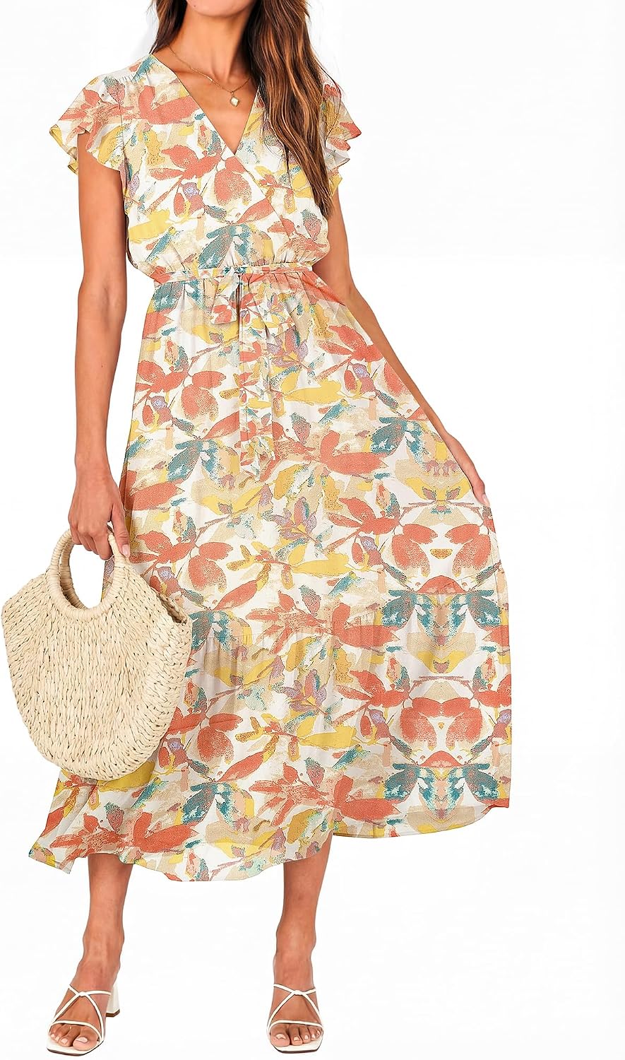 Thumbnail 5 de BTFBM Women Summer Bohemian Floral Wrap Midi Dress with V-Neck, Ruffle Cap Sleeves, and Belt – White