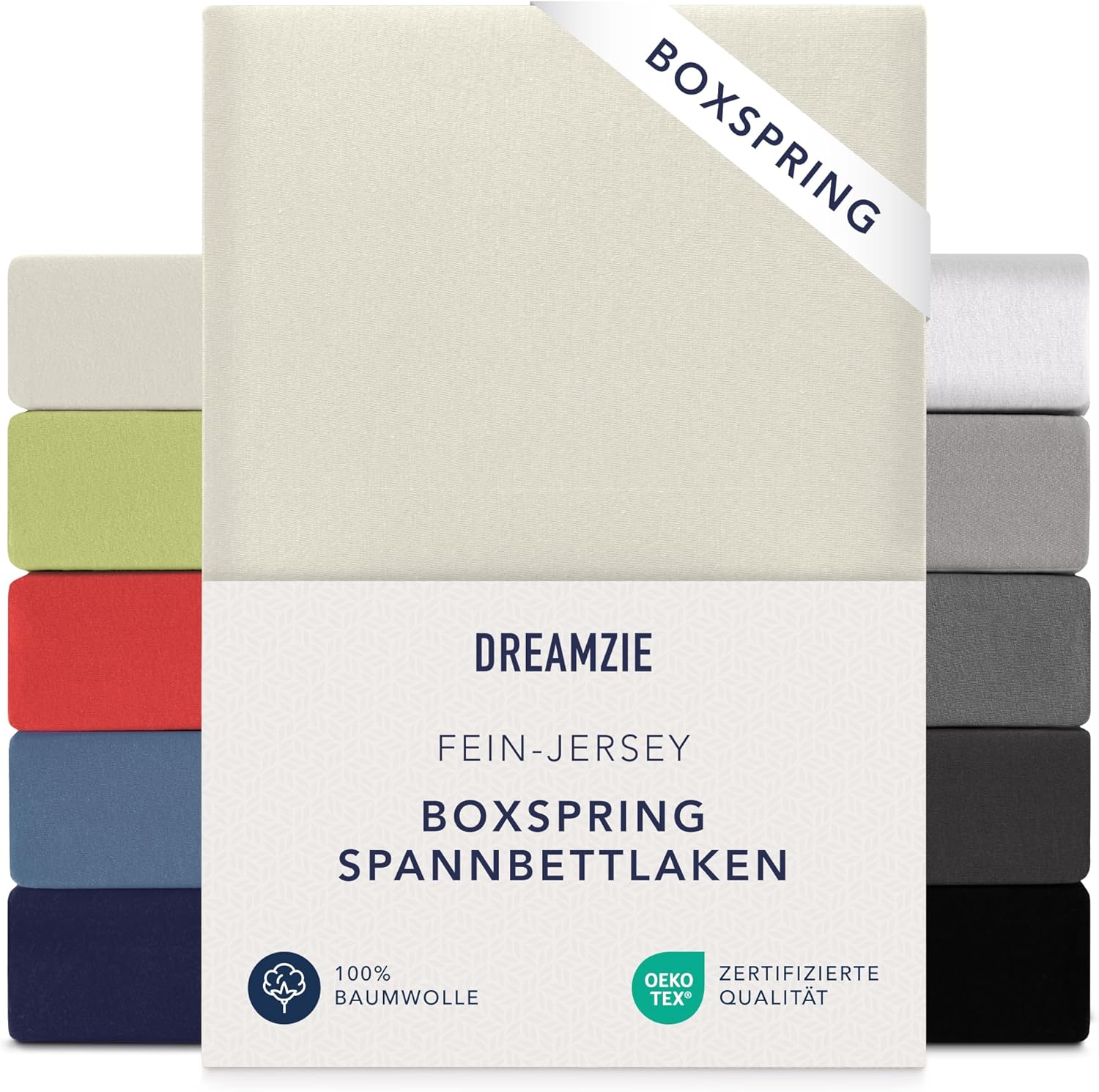 Detalle de Dreamzie Premium Spannbettlaken 180x200 cm / 200x200 cm – Jersey Baumwolle, OEKO-TEX, 37 cm Randhöhe, Beige