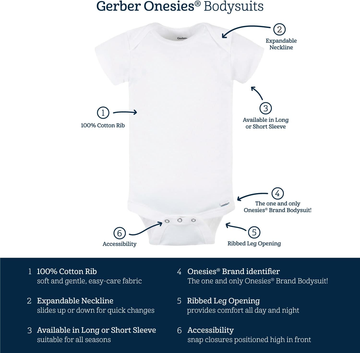 Detalle 2 de Gerber Baby Girls 6-pack Long-sleeve Onesies Bodysuits – Soft Cotton Everyday Essentials