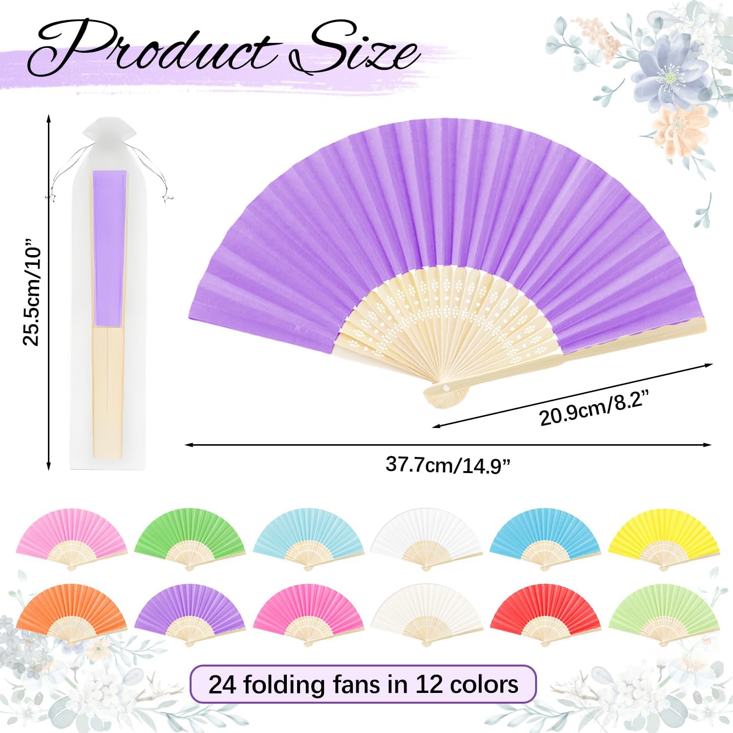 Detalle 2 de iZoeL 24 Pack Folding Hand Fans: Paper & Bamboo, 12 Colours – Ideal for Weddings, Parties and DIY