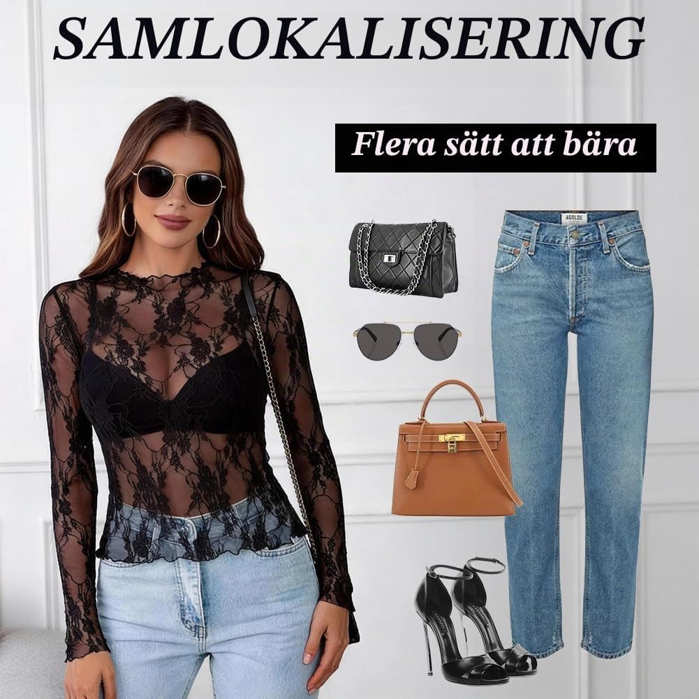 Thumbnail 4 de BSBUY transparent långärmad spetstopp med blommönster och volangdetaljer