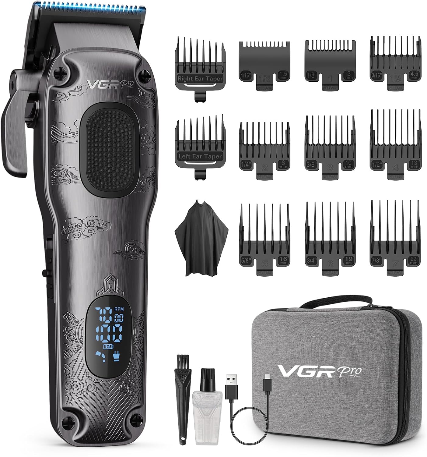 Detalle de VGRPRO Haarschneidemaschine Profi – kabellos, LED-Anzeige, 11 Führungskämmen, Etui