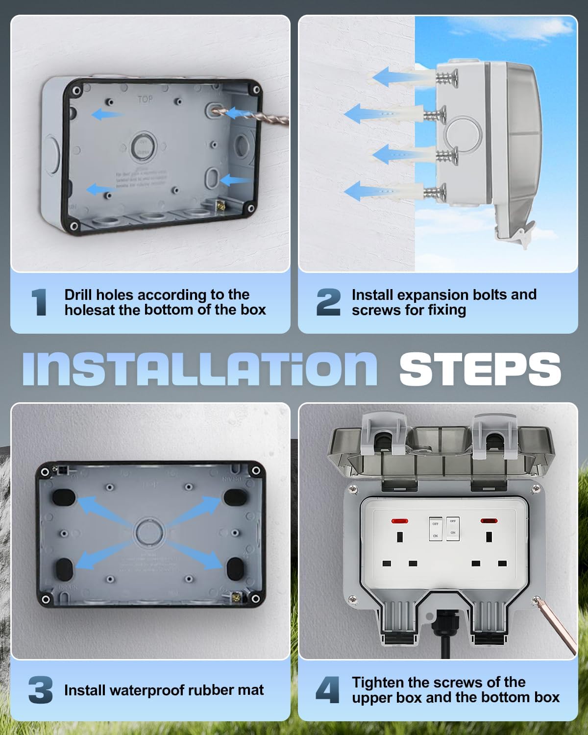 Detalle 1 de Outdoor Plug Sockets Waterproof 15m Extension Lead with 2 USB Ports (IP66, wall-mounted with switch & LED)