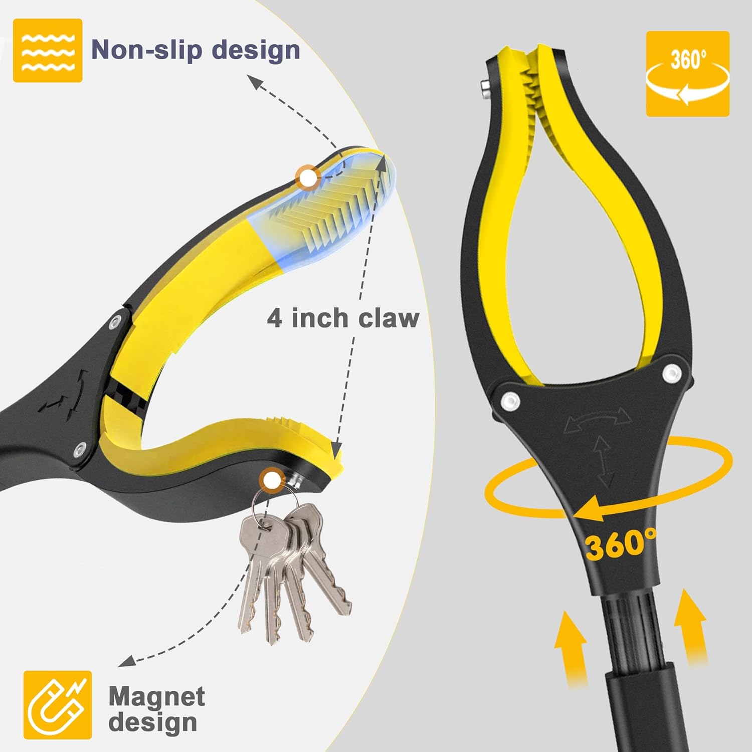 Thumbnail 2 de 91cm Extra Long Grabber Reacher with Magnetic Tip – Foldable, 360° Rotating Jaw, Yellow/Black