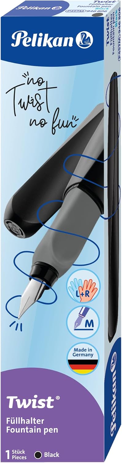 Detalle 2 de Pelikan Twist Füllhalter – Edelstahlfeder, M, Schwarz, inkl. Tintenpatrone