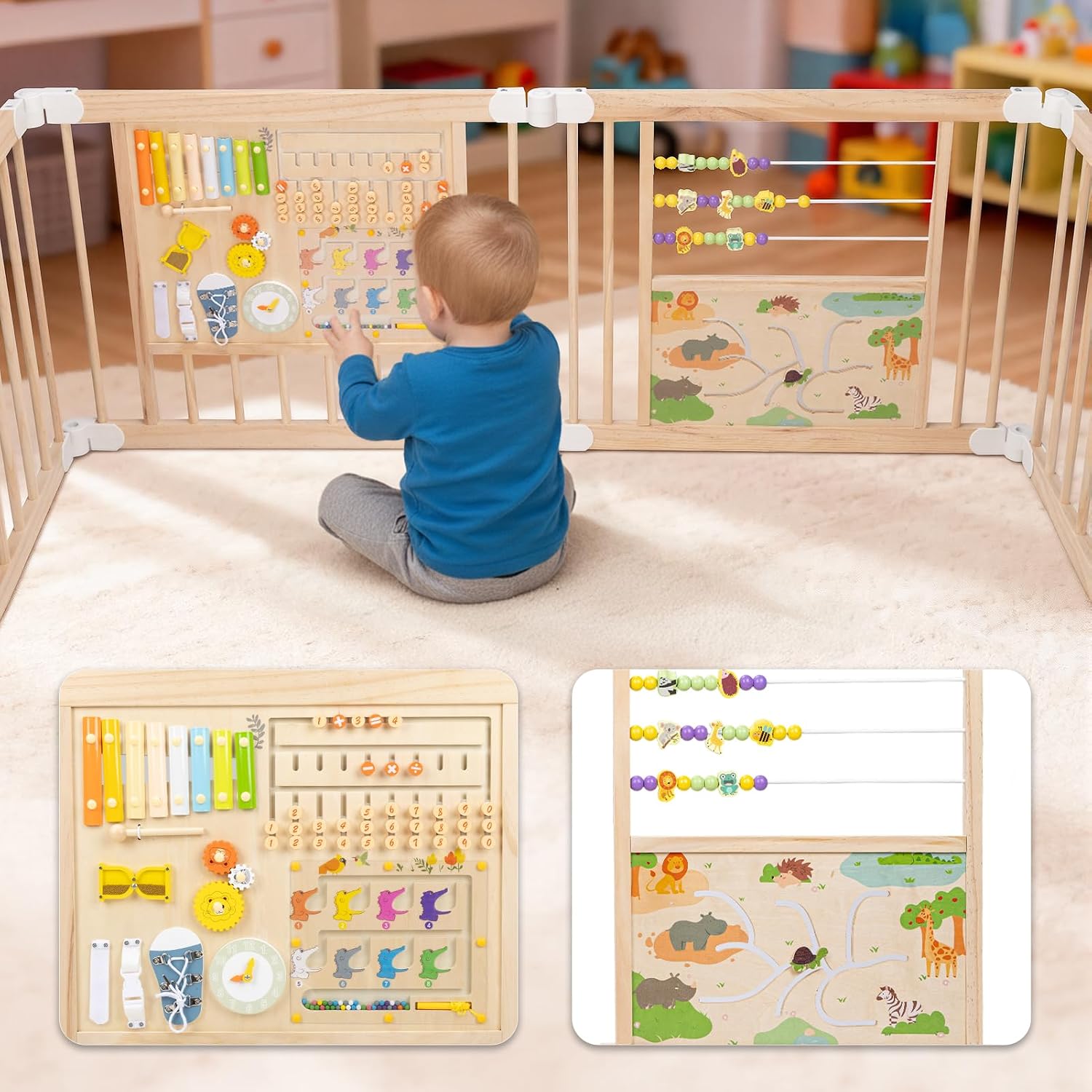 Detalle de 63" × 63" Foldable Wooden Baby Playpen with Activity Boards and 11 Toys