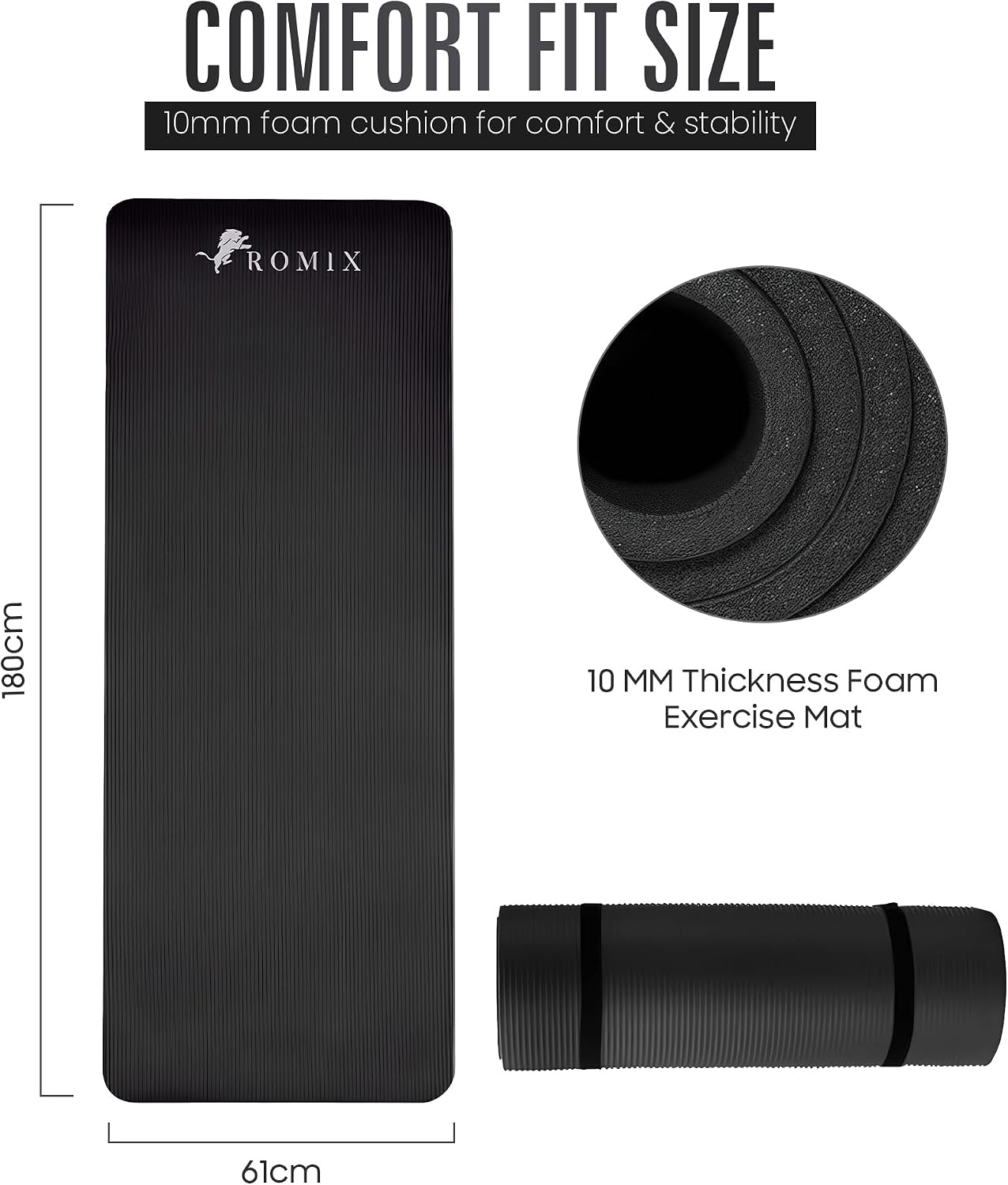 Detalle de ROMIX Yoga Mat Thick 10mm: 180x60cm, Non-Slip NBR Foam for Home Workouts