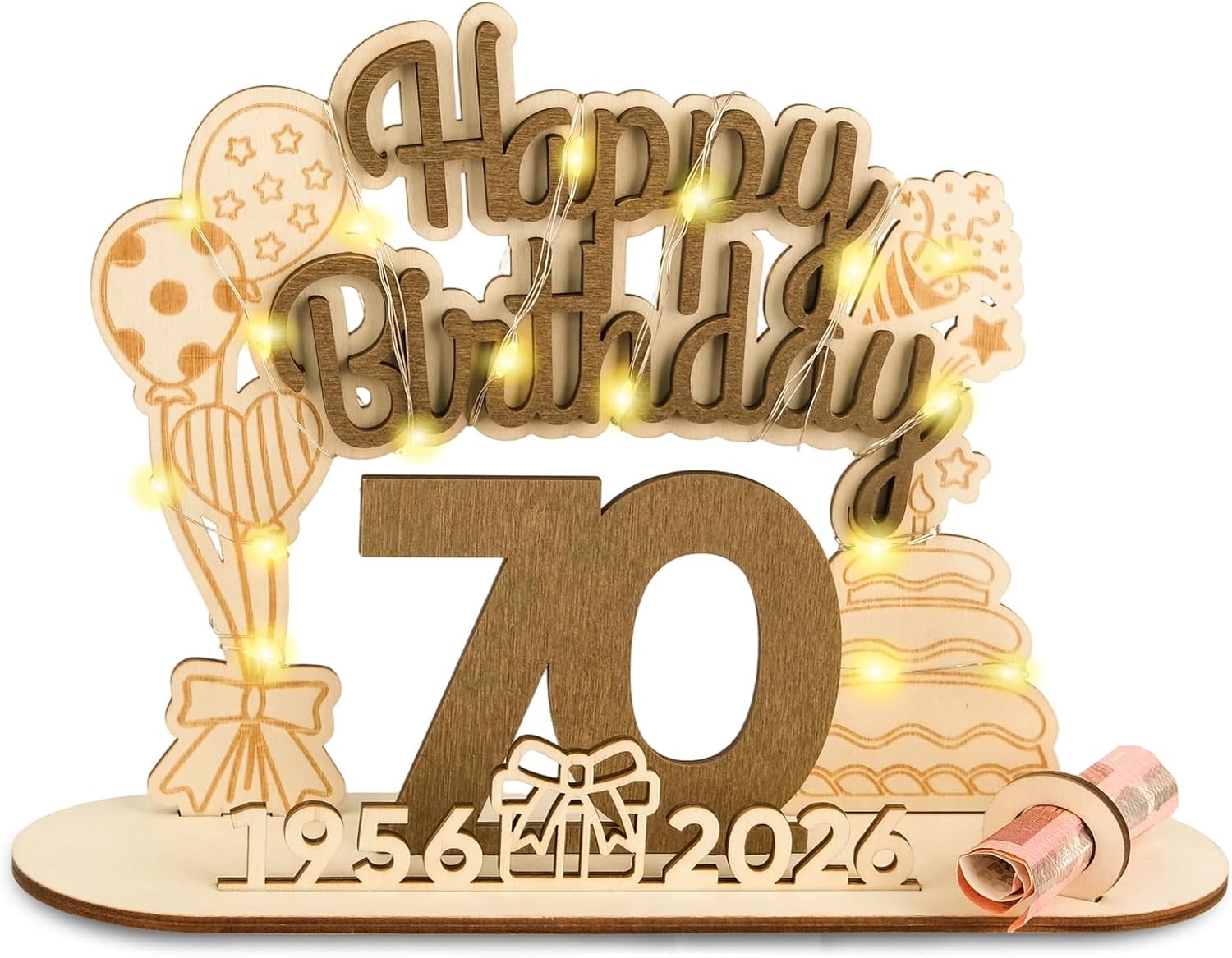 Detalle de ARTREE houten gastenboek voor 70e verjaardag, personaliseerbaar en herbruikbaar