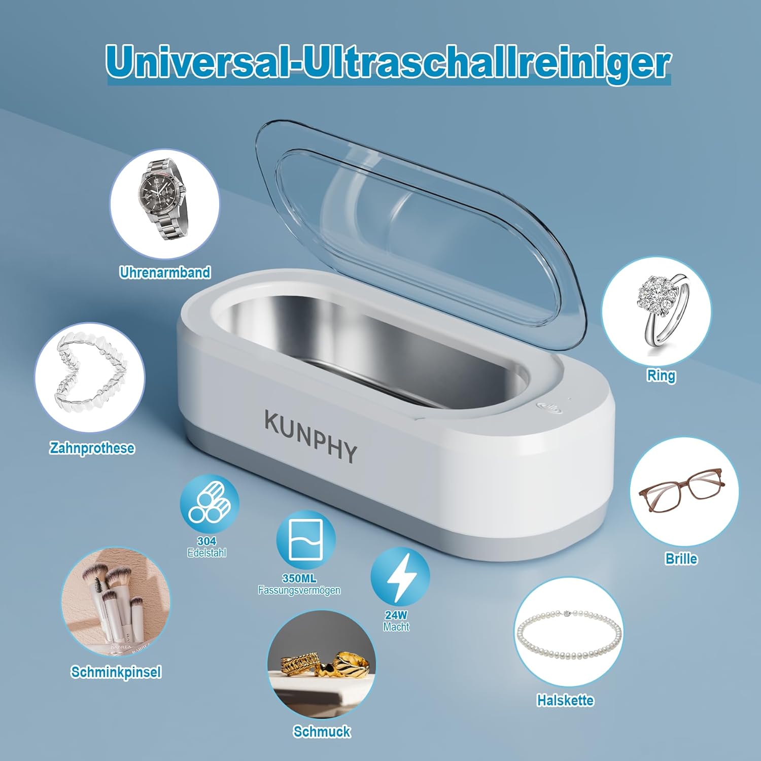 Detalle de kunphy Ultraschallreinigungsgerät für Brillen & Schmuck (350 ml, 46 kHz)