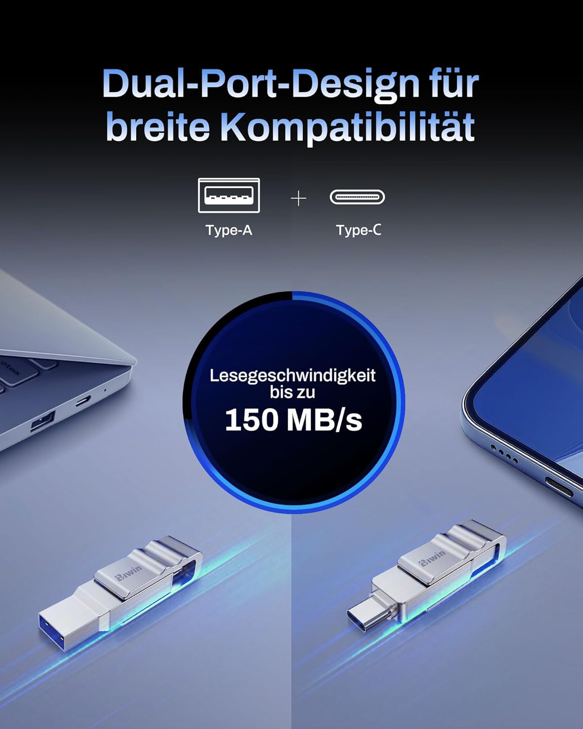 Detalle de Biwin UD150 USB-Stick 64GB – USB 3.2 Gen1 mit Dual-Anschluss (Type-A & Type-C)