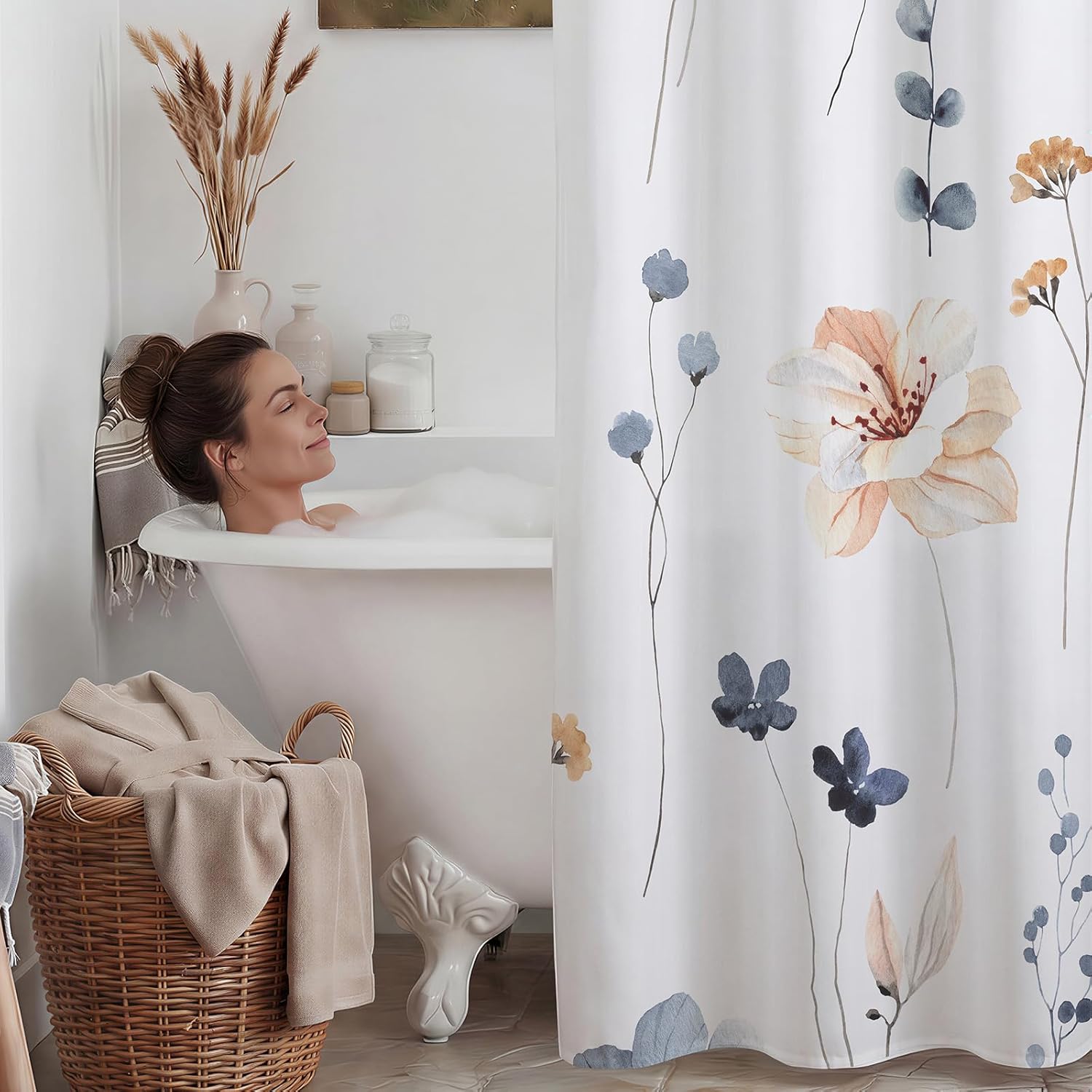 Thumbnail 6 de WITHLOC No Hook Shower Curtain with Snap-in Liner (Watercolor Floral, Plants Blue/Beige) — 71 x 74 Inch