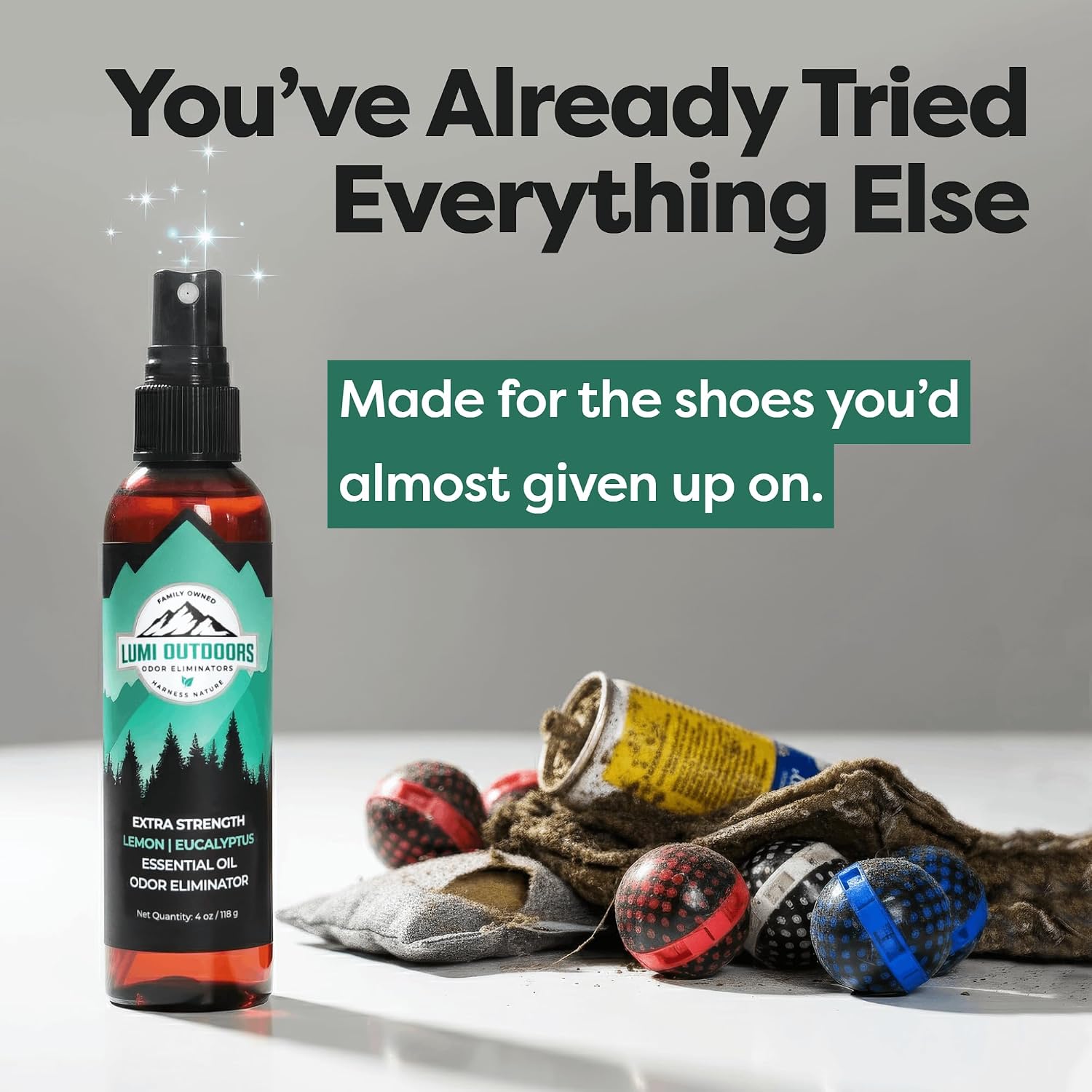 Detalle de Lumi Outdoors FBA_LYSB013TSRYUS-SPRTSEQIP Shoe Deodorizer Spray, 4 oz, Lemon Eucalyptus
