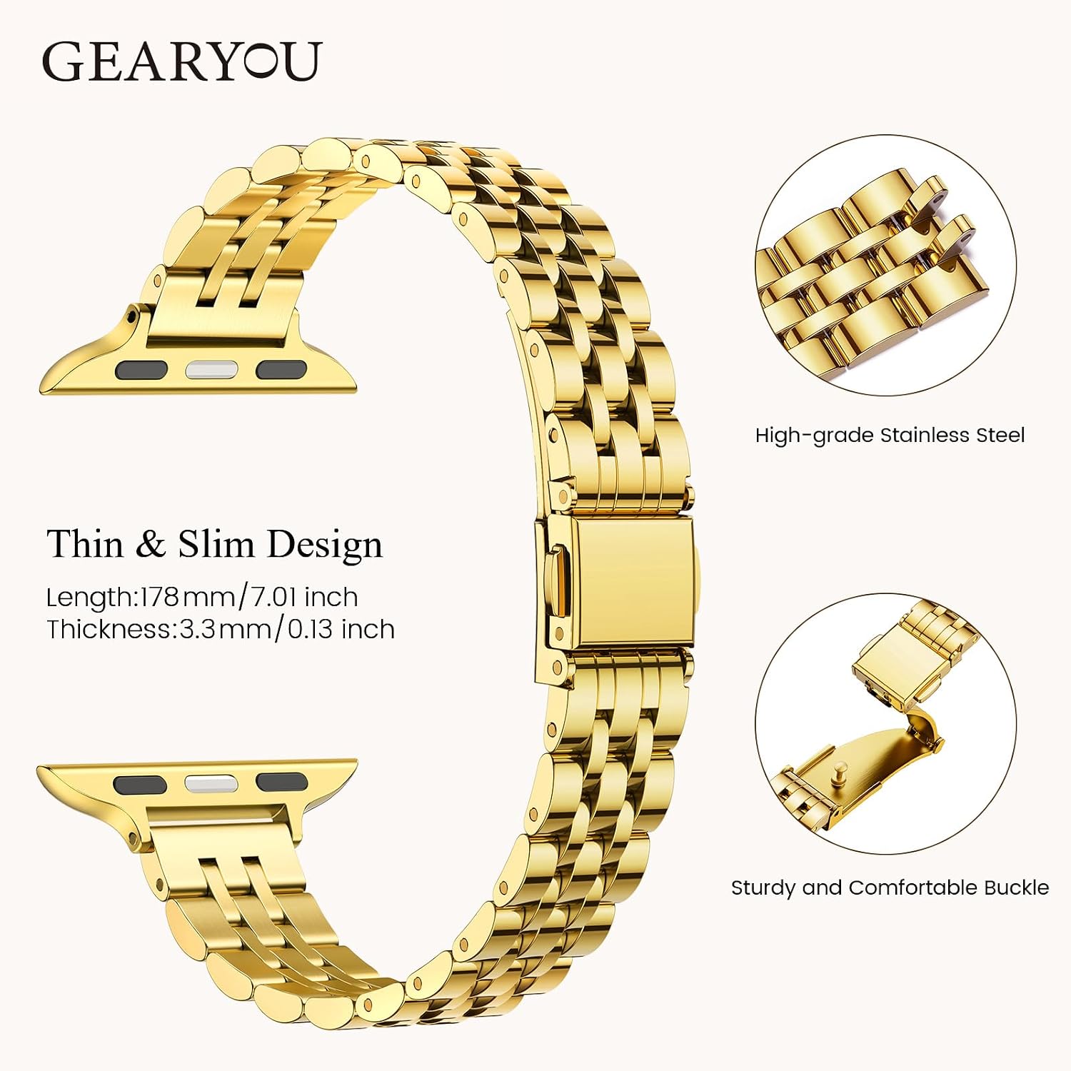 Detalle de GEARYOU Slim Stainless Steel Apple Watch Strap 40/41/38/42mm — Gold