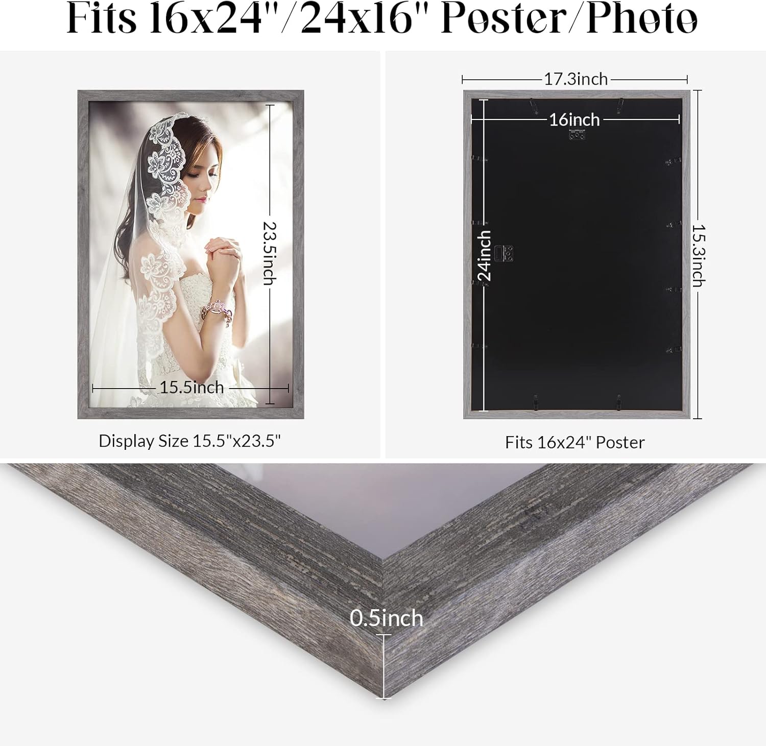 Thumbnail 5 de 16 x 24 Picture Frame in Rustic Gray — 16x24 Poster Frame for Wall Decor