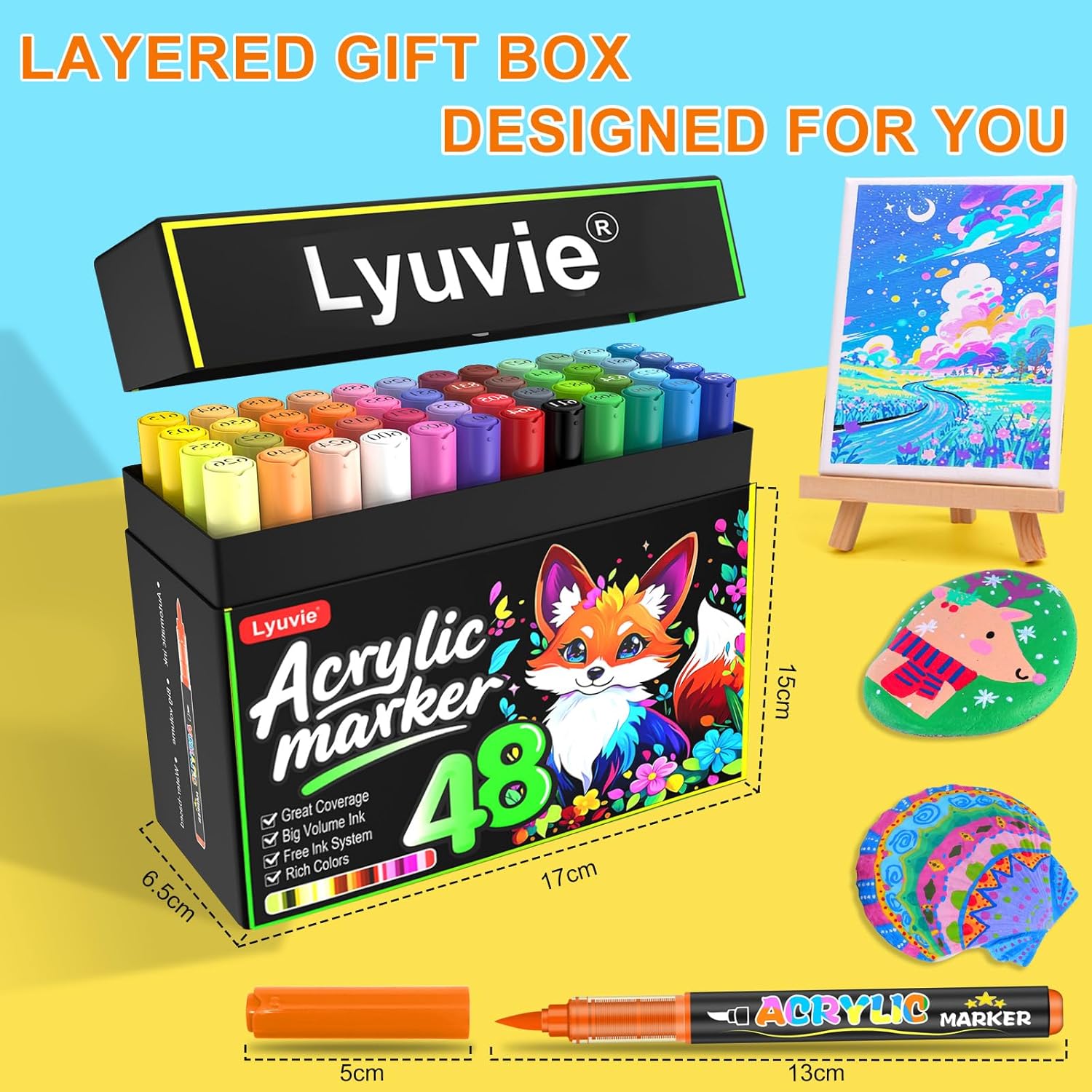 Thumbnail 6 de Lyuvie 48 Colours Acrylic Paint Pens Marker Set – Permanent, water-based brush tips for rock, fabric, stone & more