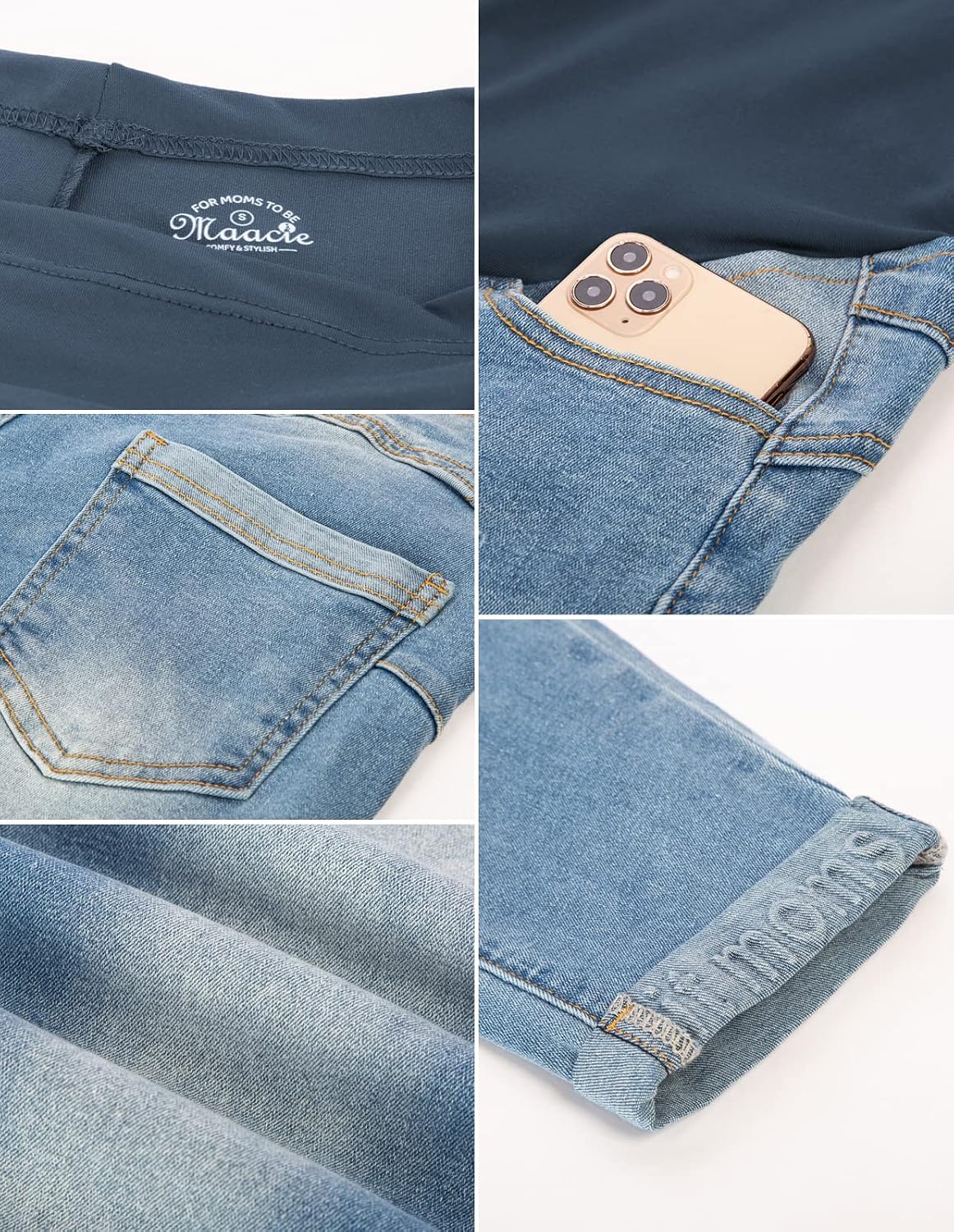 Detalle de Maacie Maternity Pants Long Elastic Jeans for Pregnancy – Comfortable, Supportive Denim in Various Fits