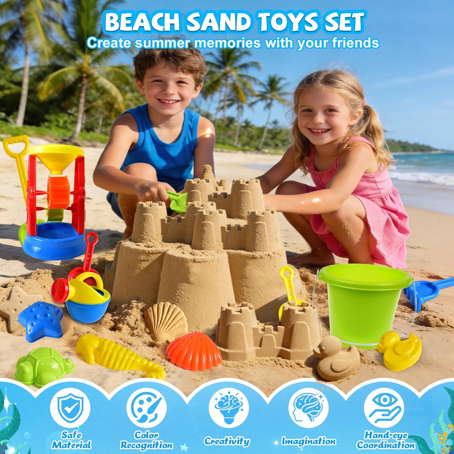 Thumbnail 1 de Beach Toys 19-Piece Sand Toys Set for Kids (Sandbox Water Wheel, Tools, Molds, Mesh Bag) Ages 3–13
