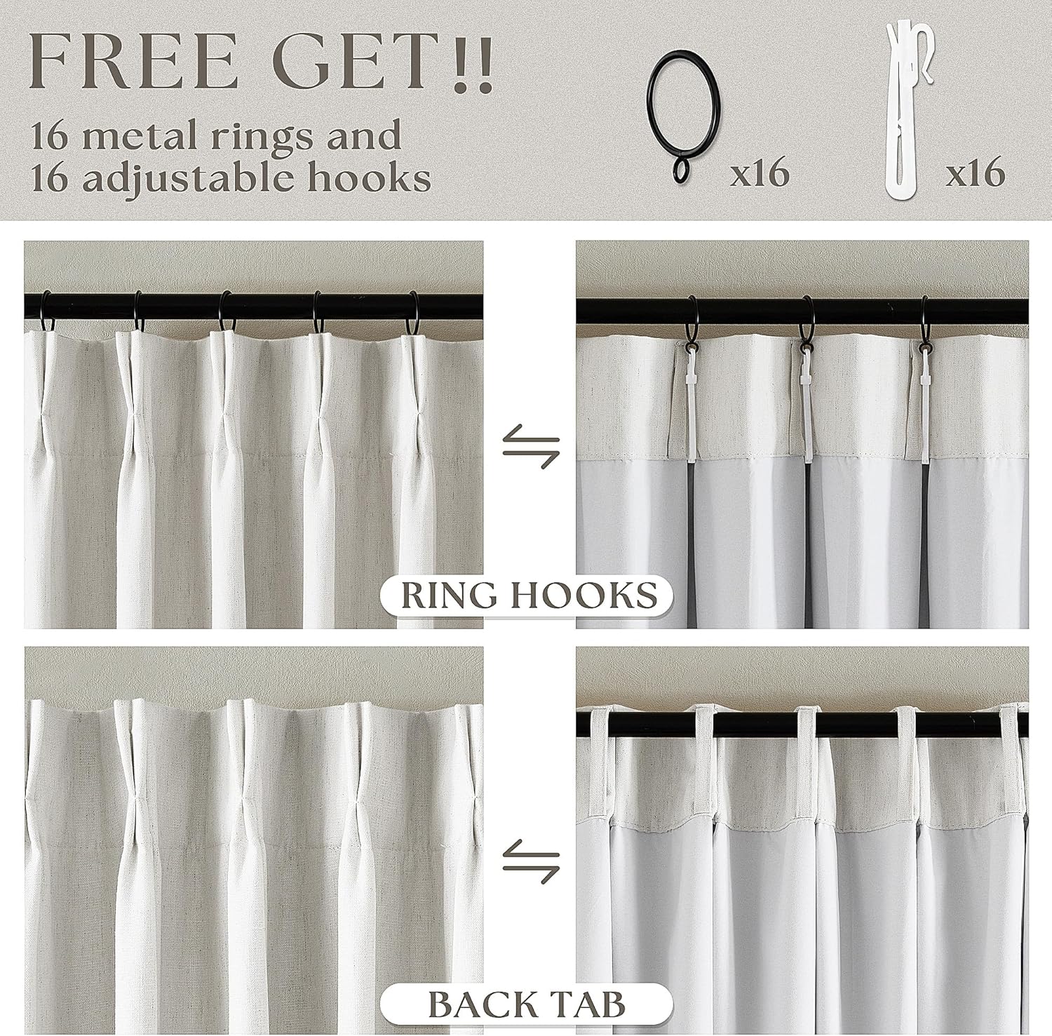 Thumbnail 5 de TWODRAPES 90-Inch Linen Blackout Curtains with Liner – Pinch Pleat, 2 Panels, Ivory