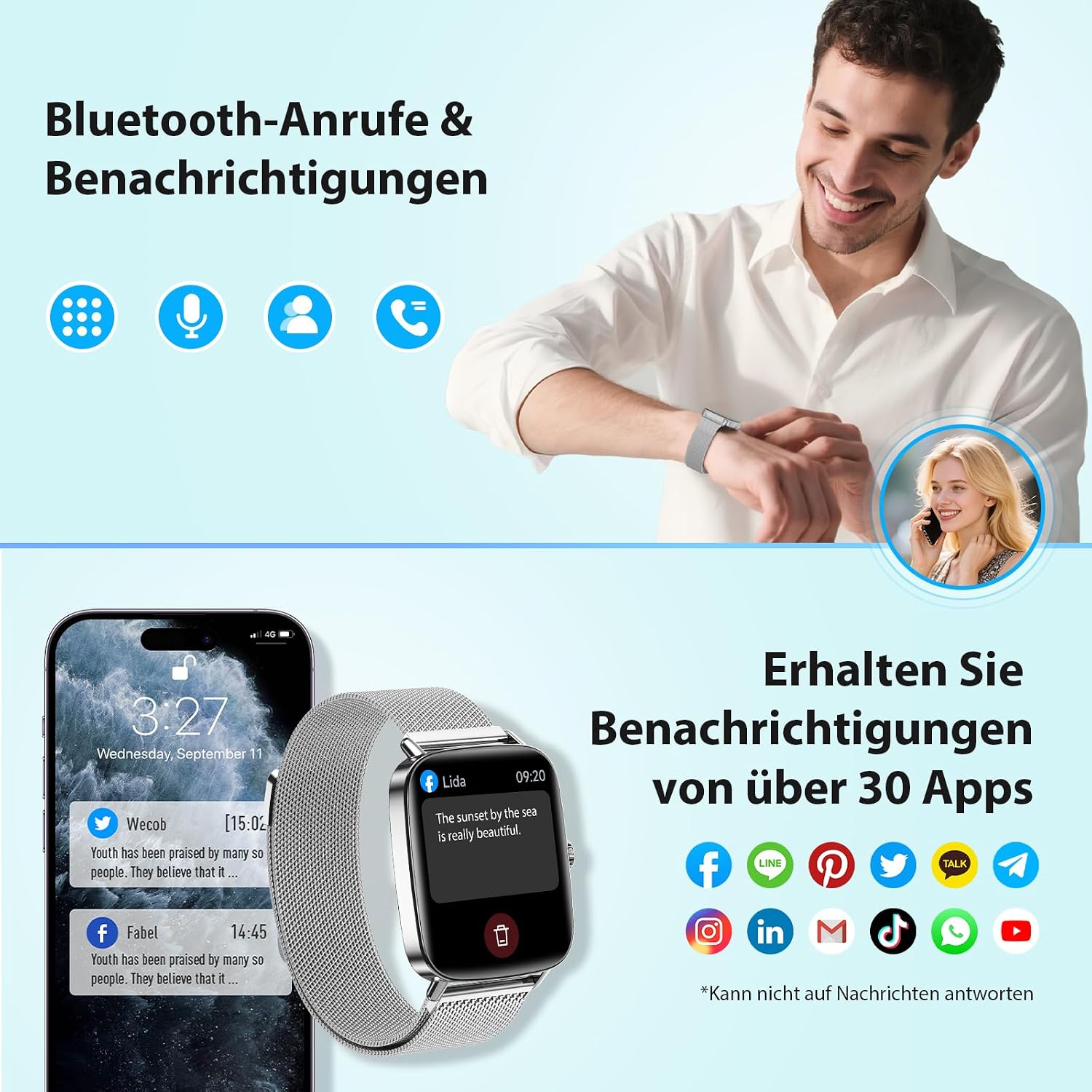 Detalle 2 de Yoever Smartwatch Damen/Herren mit Telefonfunktion – 1,85" Display, 110 Sportmodi, Schlafmonitor, SpO2, IP68, Bluetooth 5.3