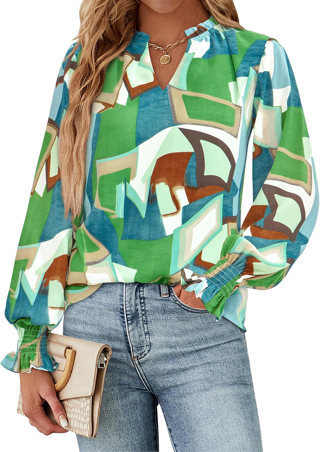 Thumbnail 1 de MASCOMODA V-Neck Floral Long Sleeve Puff Sleeve Chiffon Boho Blouse Top