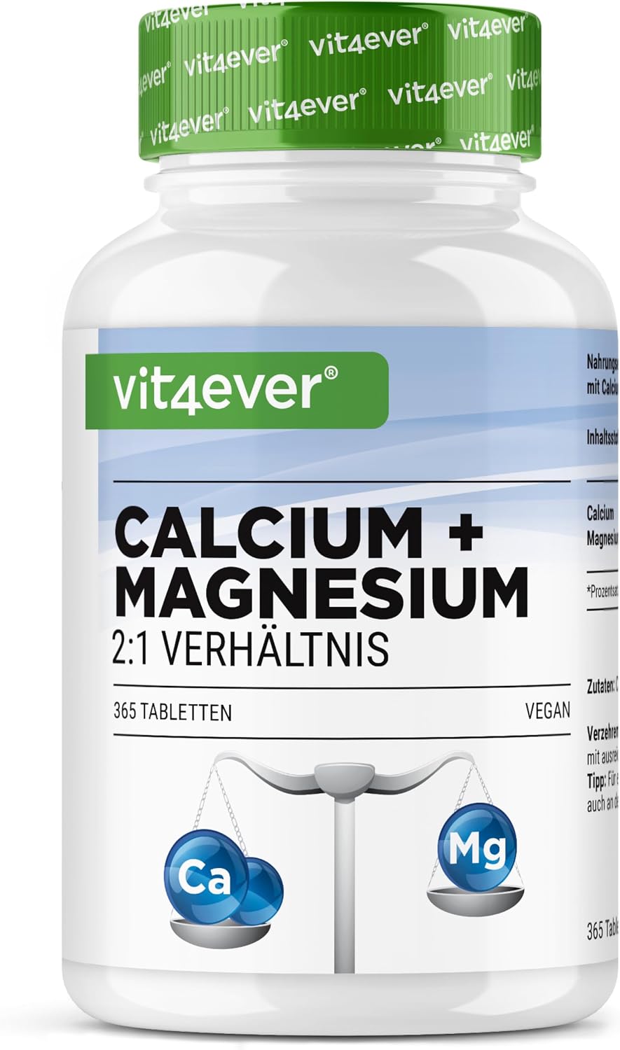 Detalle de Calcium 800 mg + Magnesium 400 mg (2 Tabletten) - 365 Tabletten - 6 Monatsvorrat - Kalzium + Magnesium-Komplex im 2:1 Verhältnis - Vegan - Hochdosiert
Calcium 800 mg + Magnesium 400 mg (2 Ta…