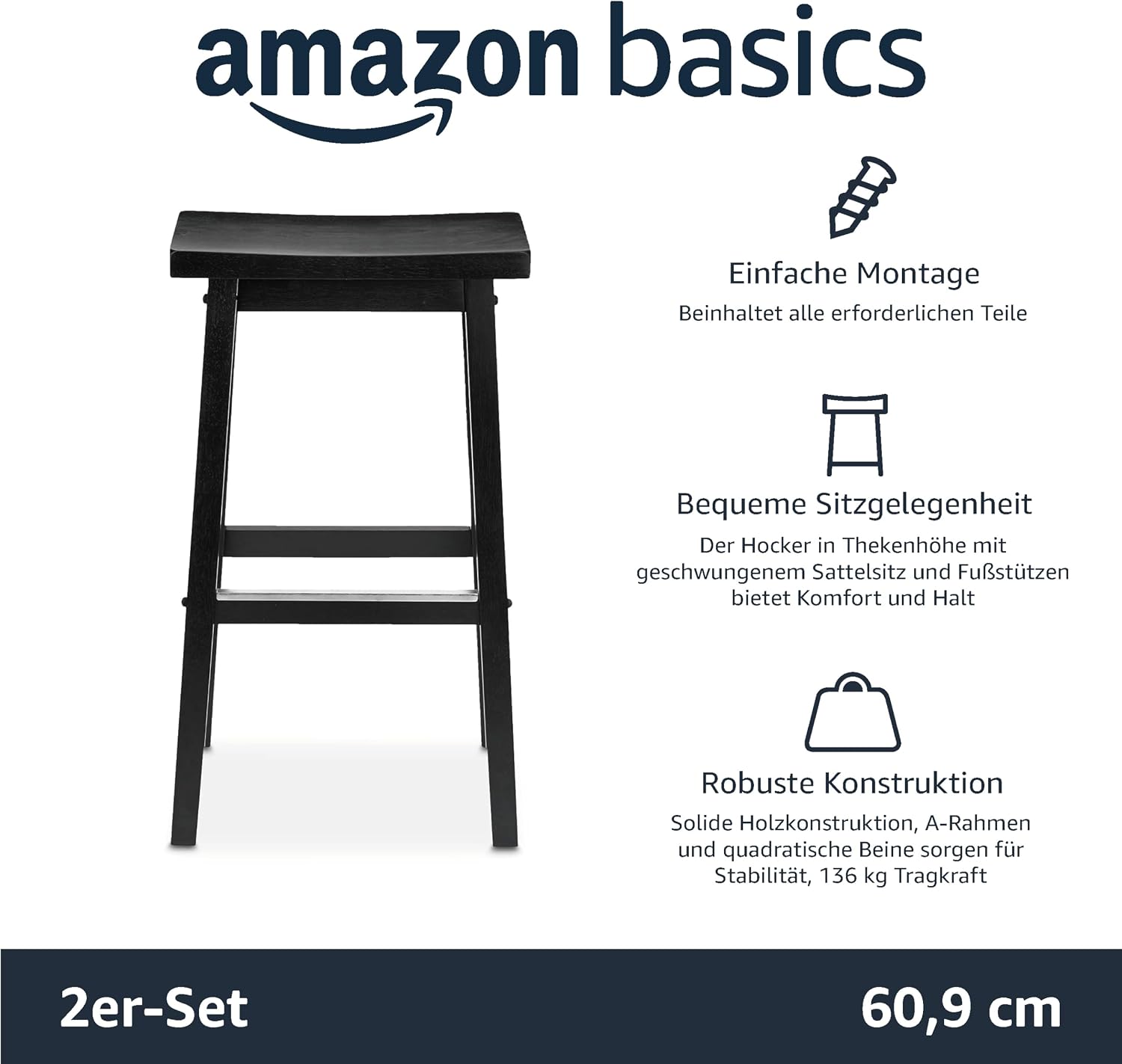 Detalle de Amazon Basics Küchenhocker aus Massivholz – 2er-Set, 74 cm, Schwarz, Sattelsitz