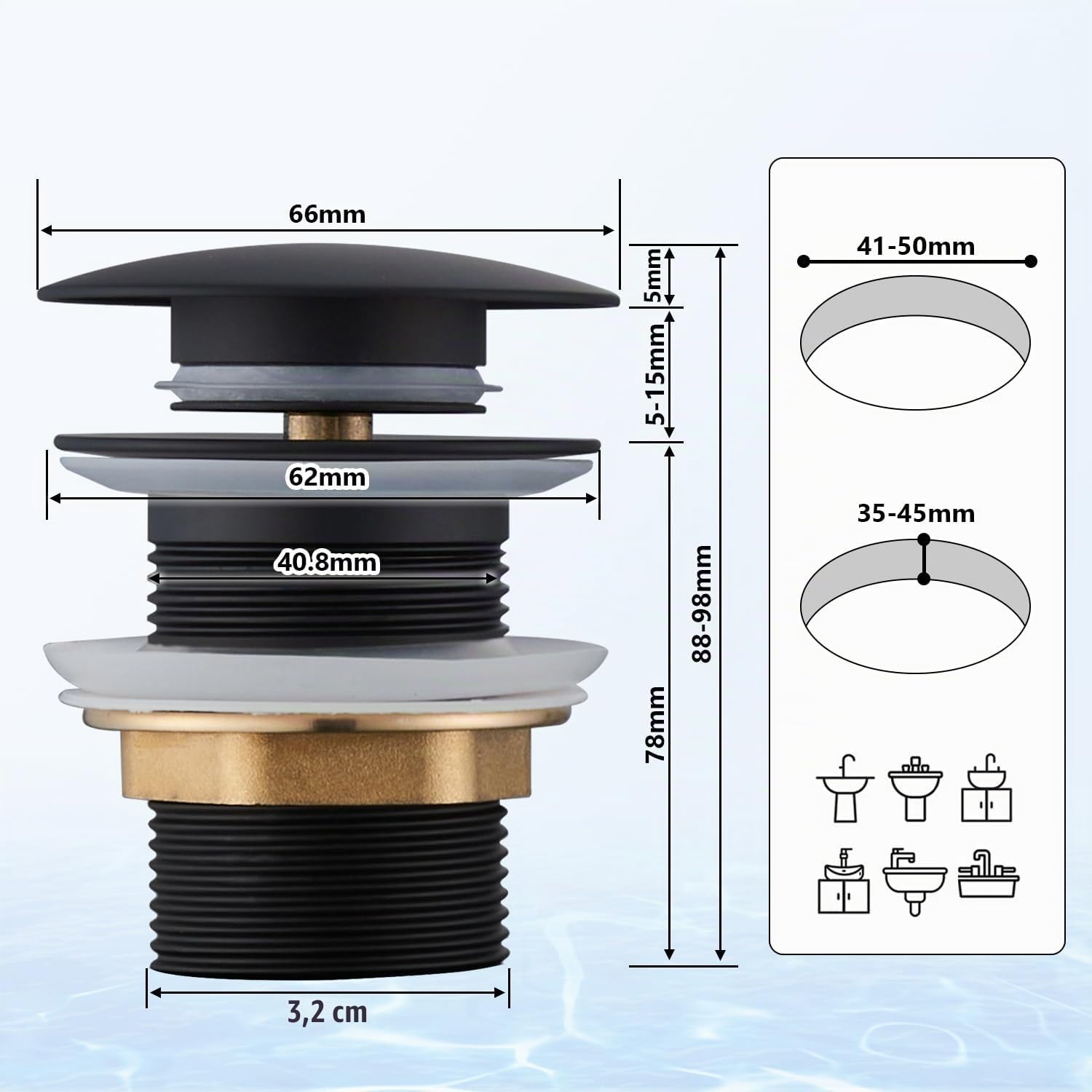 Thumbnail 5 de Ulytid Piletta Lavabo Bagno Nero – Click Clack universale 1 ¼", senza foro di troppopieno