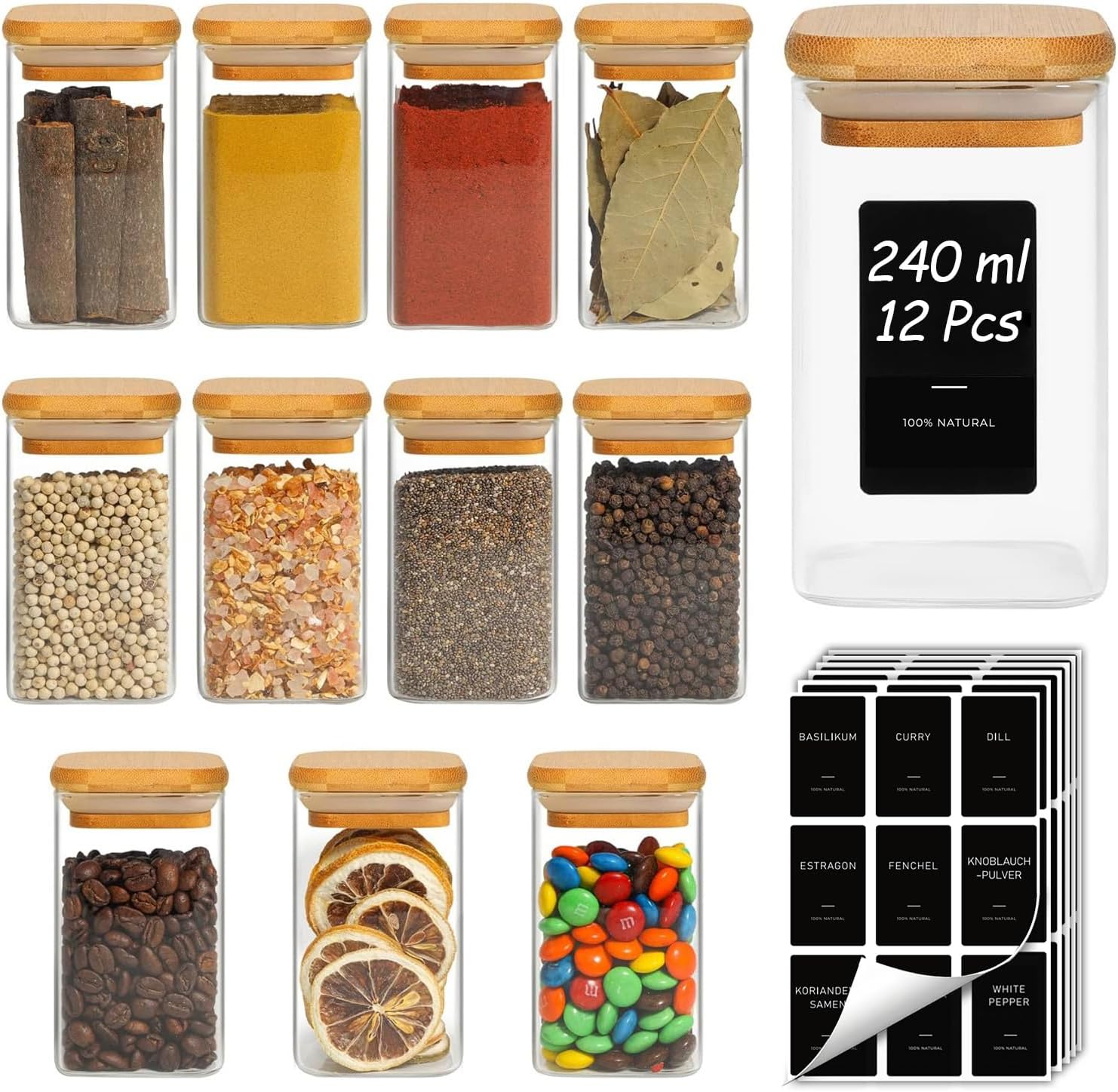 Detalle de ComSaf Gewürzgläser 240 ml, 12er Set mit Etiketten 🧂