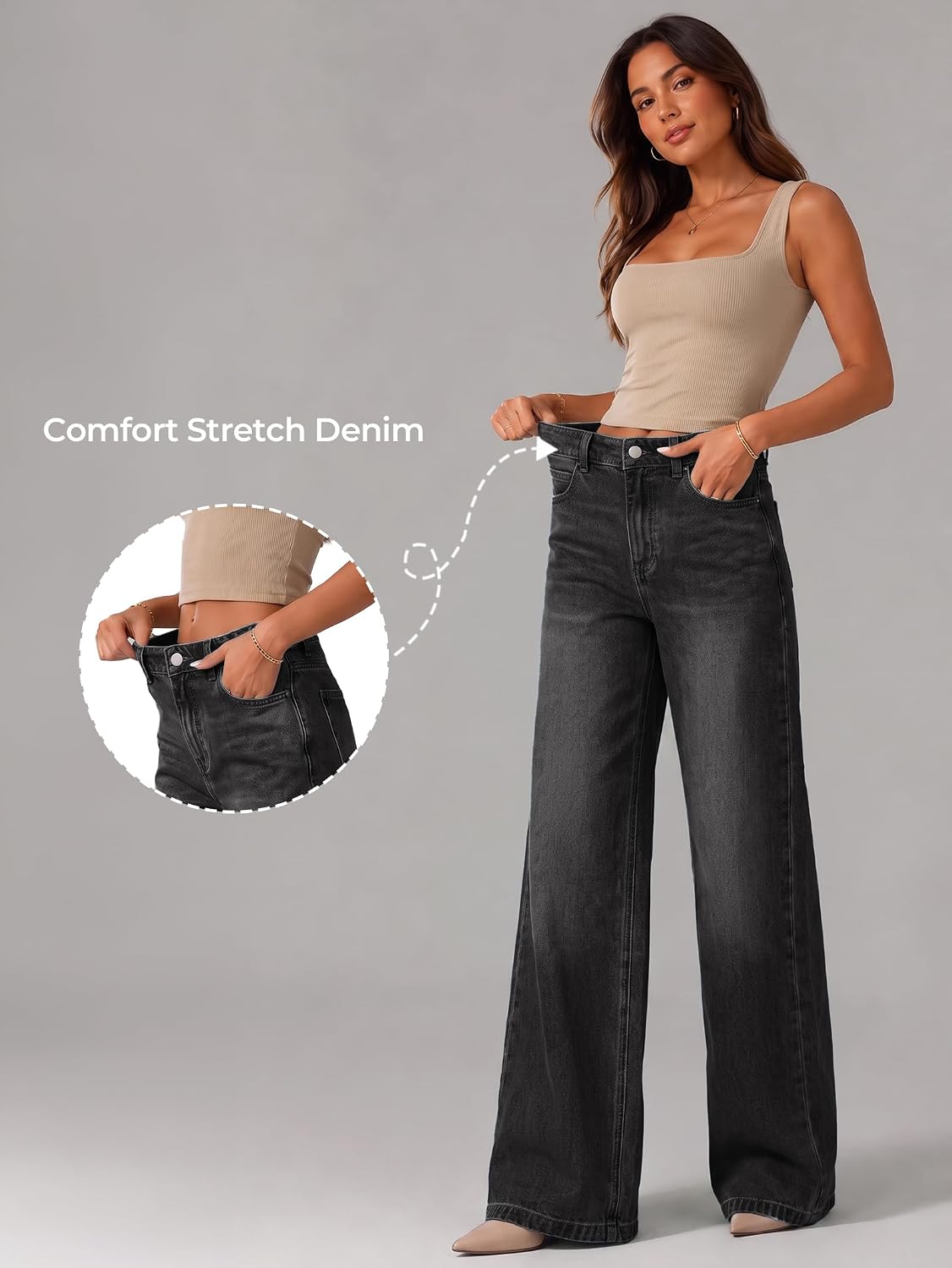 Detalle de EMMIOL Women Baggy Jeans (Mid-Low Waist) Boyfriend Streetwear Vintage Wide-Leg Denim Pants