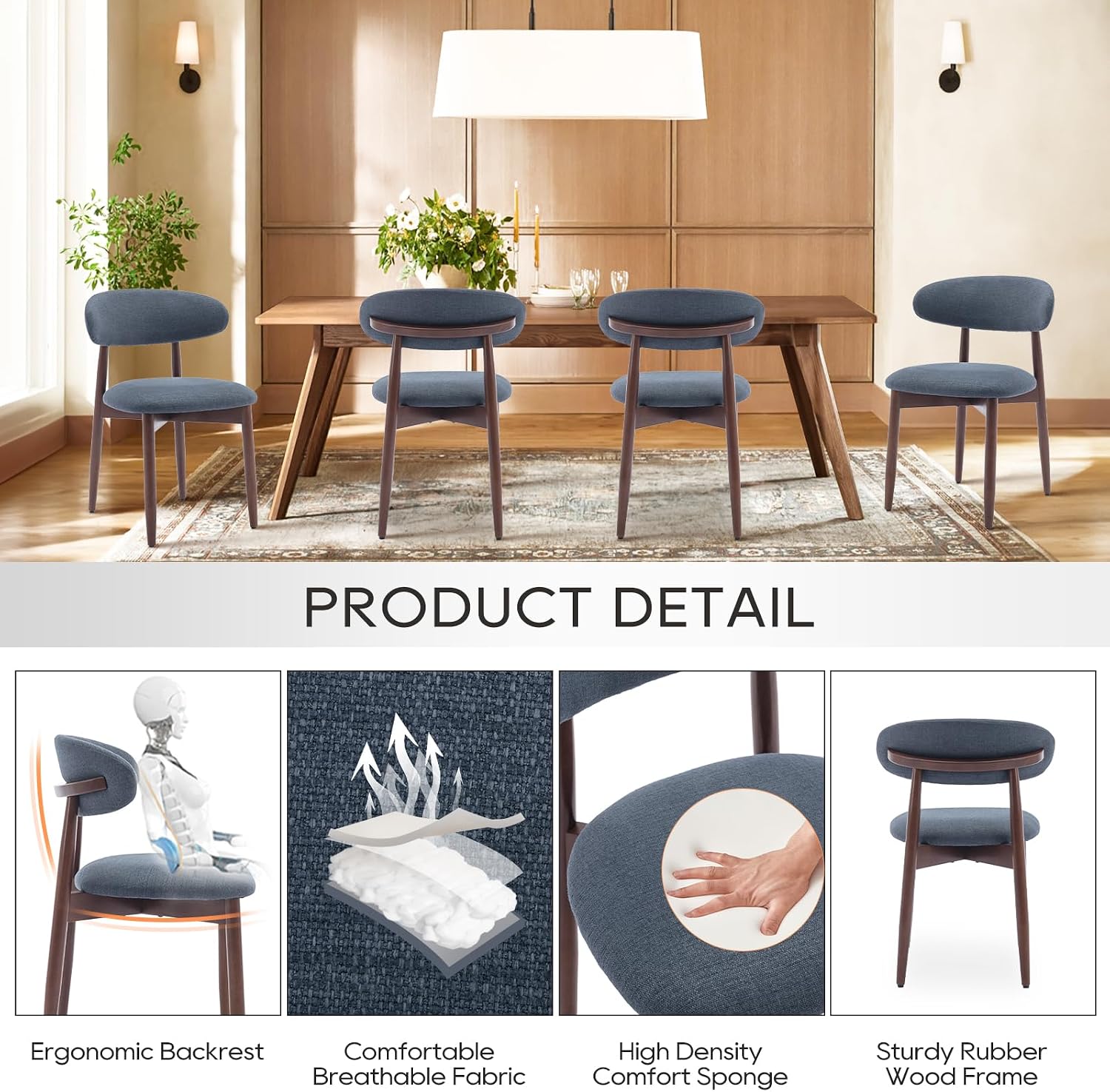 Detalle 1 de COLAMY D6270US Dining Chairs, Blue Fabric Upholstery, Rubberwood Frame, Set of 2