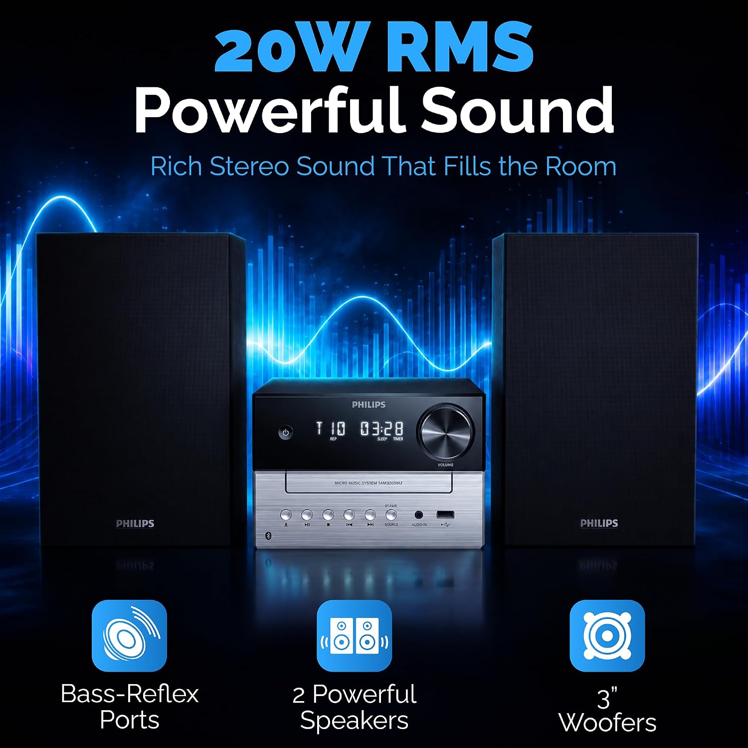Detalle de Philips TAM3205M2 Micro Music System, Bluetooth 5.4, CD Player, 20W Stereo