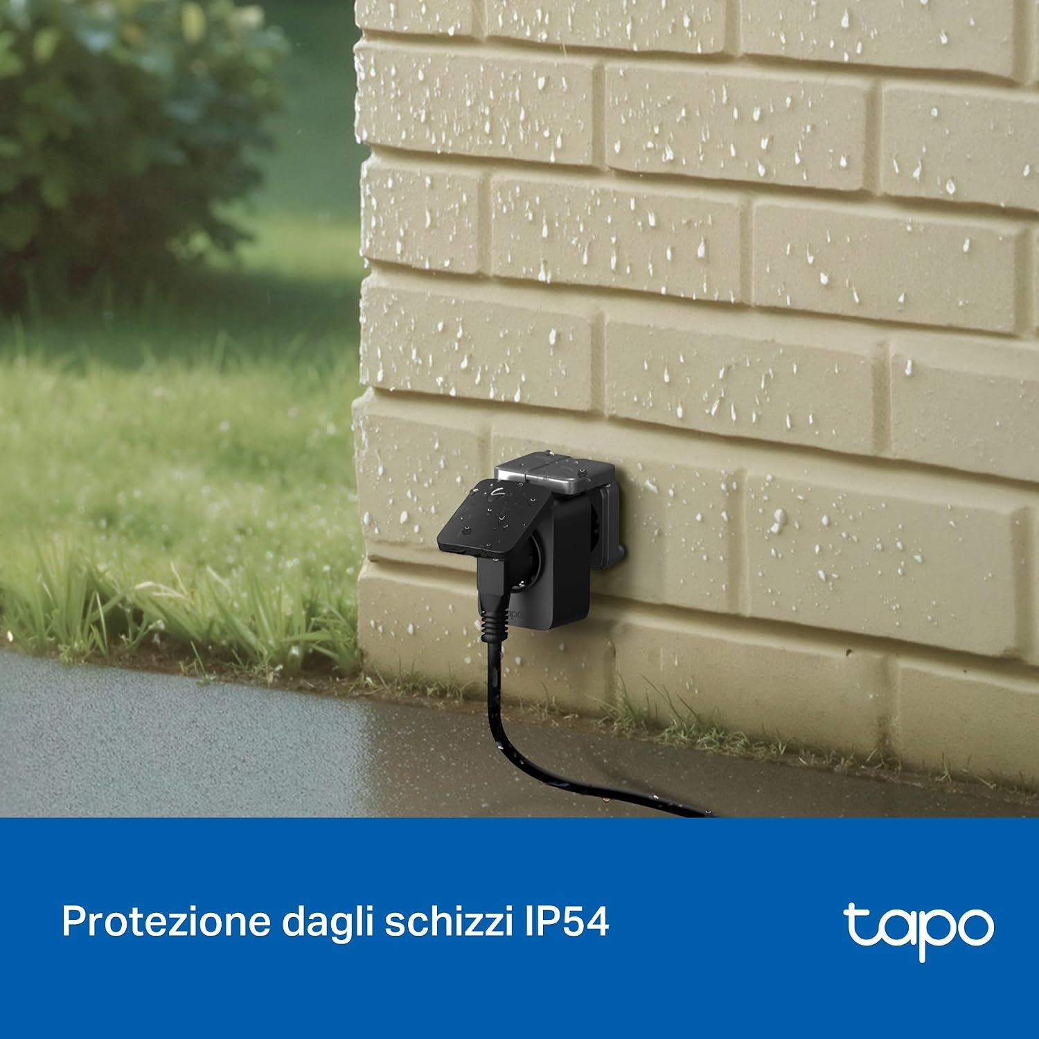 Detalle de Tapo P410M: presa smart esterna con controllo vocale, monitoraggio energetico e gestione da remoto