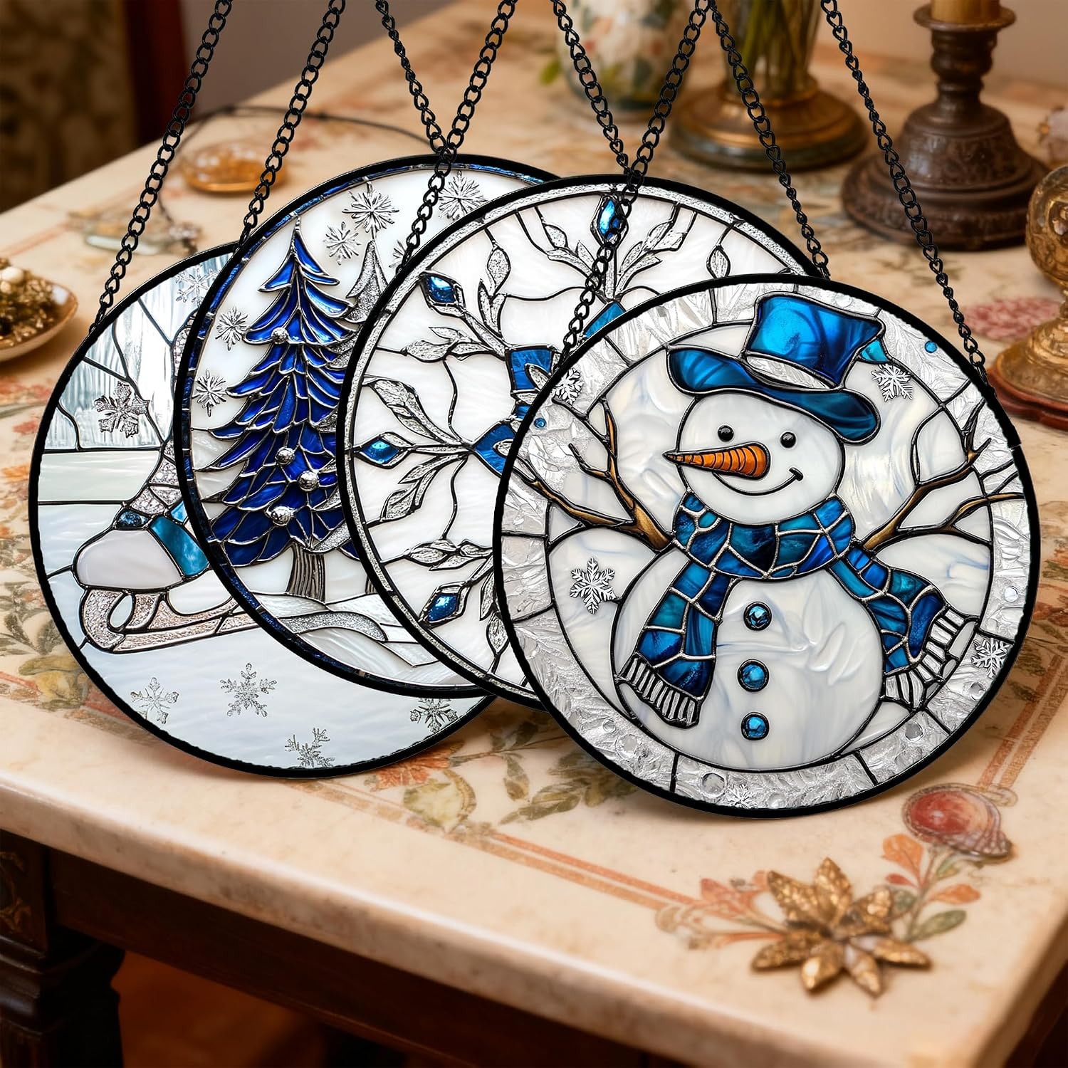 Thumbnail 1 de DASTOLL White Winter Christmas Snow Scene Suncatcher, 4-Piece Glass Set