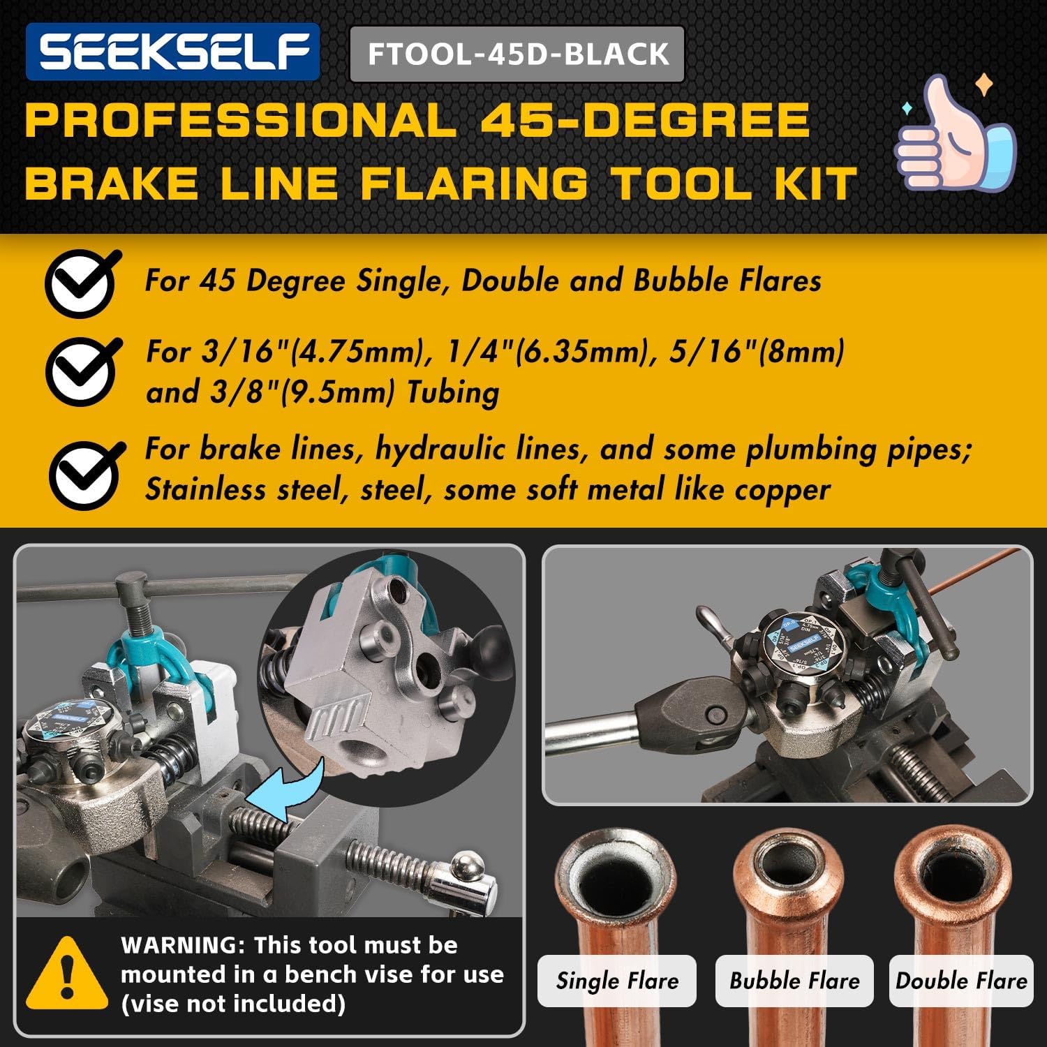 Detalle de SEEKSELF FTOOL-45D-BLACK Brake Line Flaring Tool Kit, 45-Degree Flares