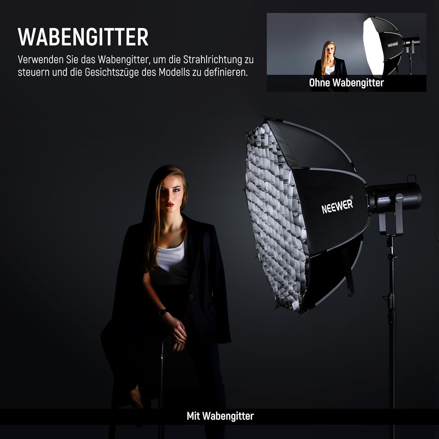 Thumbnail 3 de NEEWER 35,4" Oktagon-Parabol-Softbox mit Bowens Mount (NS92P) – für Aputure 120D, Godox SL60w Q4 u. a.