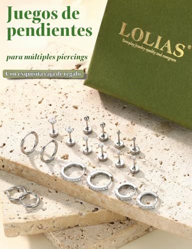 Detalle 2 de LOLIAS, 9 pares de pendientes de acero inoxidable en color plata