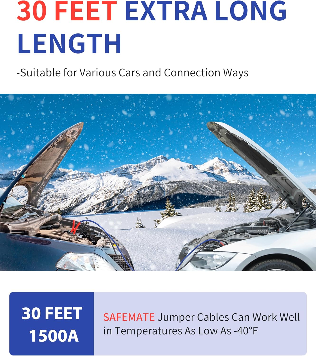 Thumbnail 2 de SAFEMATE 2/0 Gauge 30 Ft Heavy Duty Jumper Cables — 1500A Booster for Cars, SUVs, and Trucks