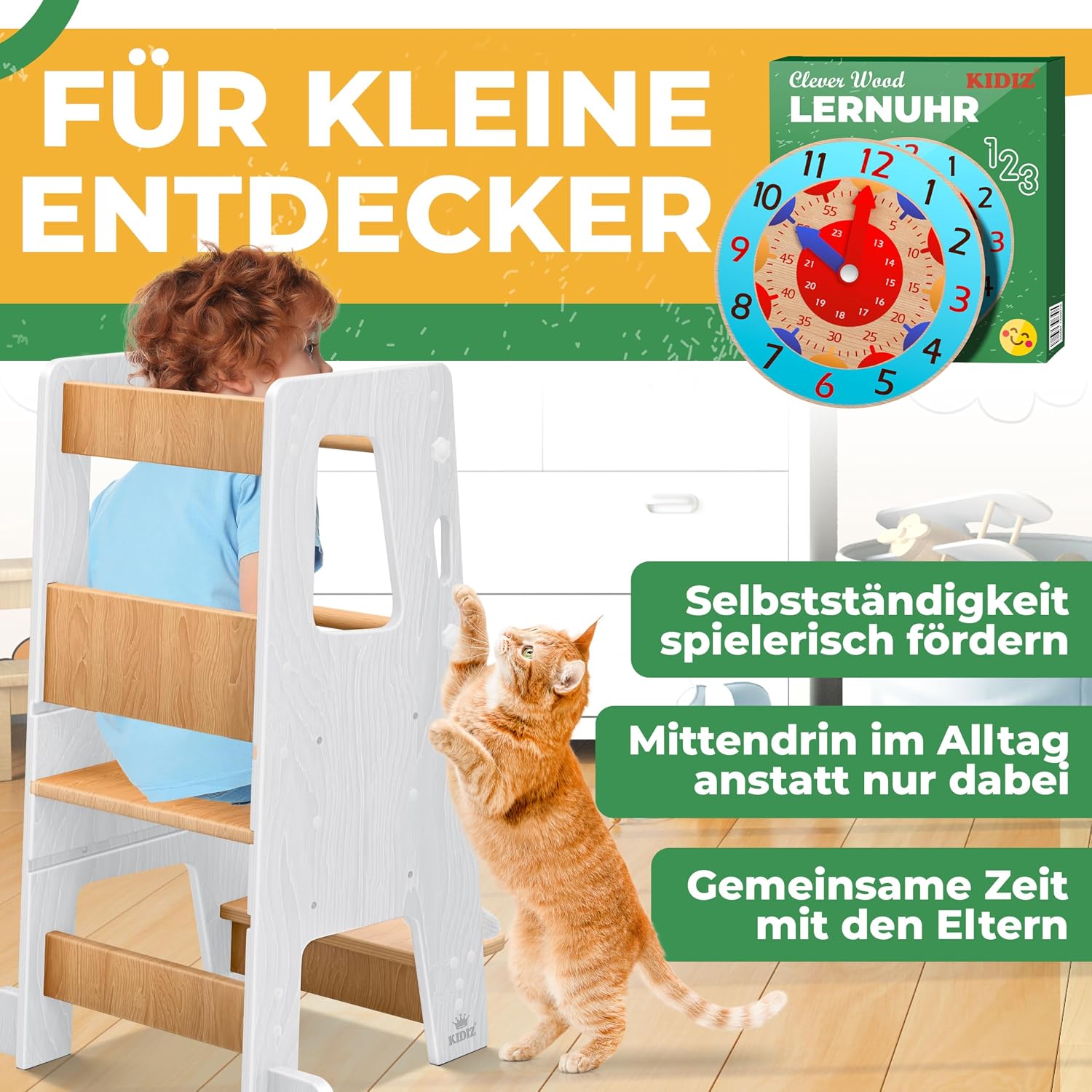 Detalle de KIDIZ® Lernturm für Kinder ab 1 Jahr inkl. Lernuhr – höhenverstellbarer Tritthocker aus Kiefernholz bis 50 kg