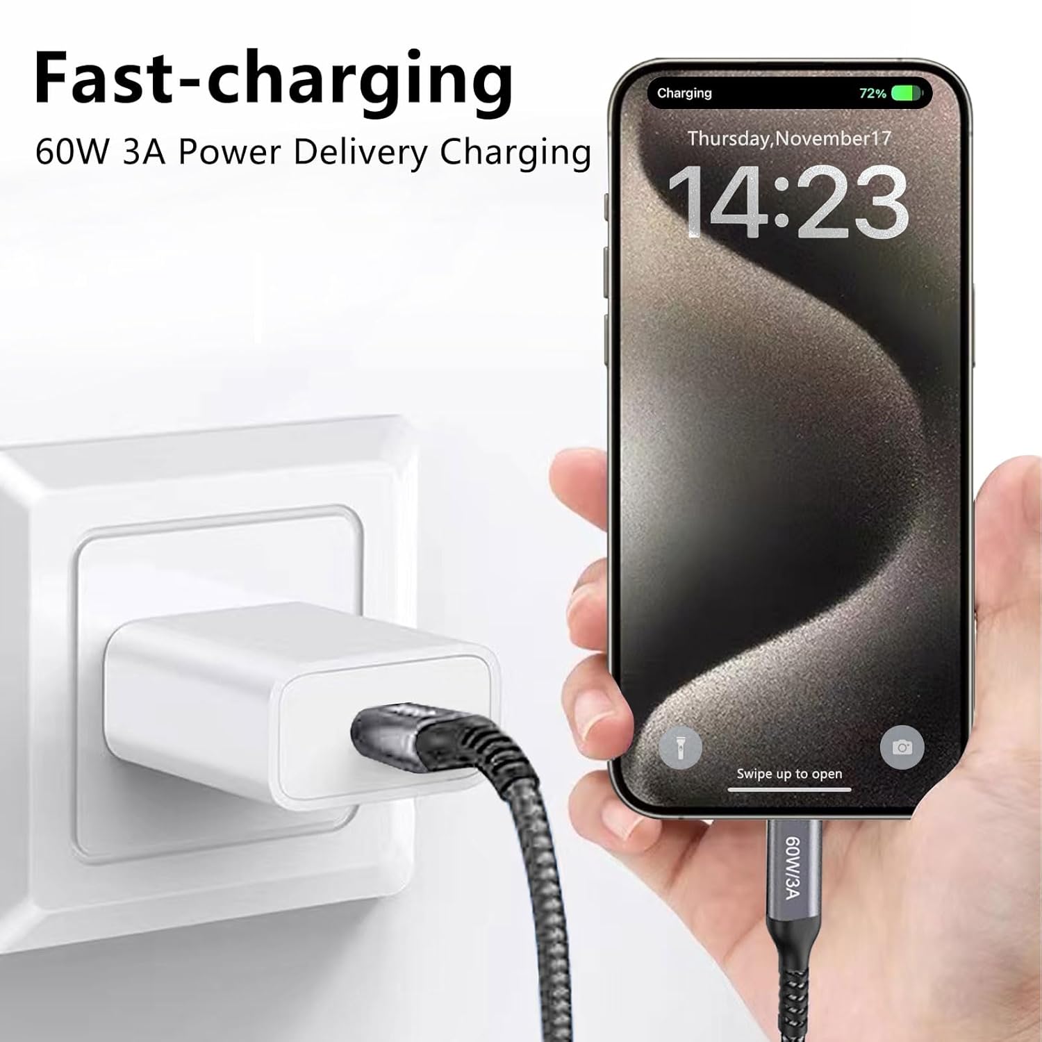 Thumbnail 2 de USB-C to USB-C Cable (15FT 2PACK, 60W) Long Cable with Nylon Braided Build