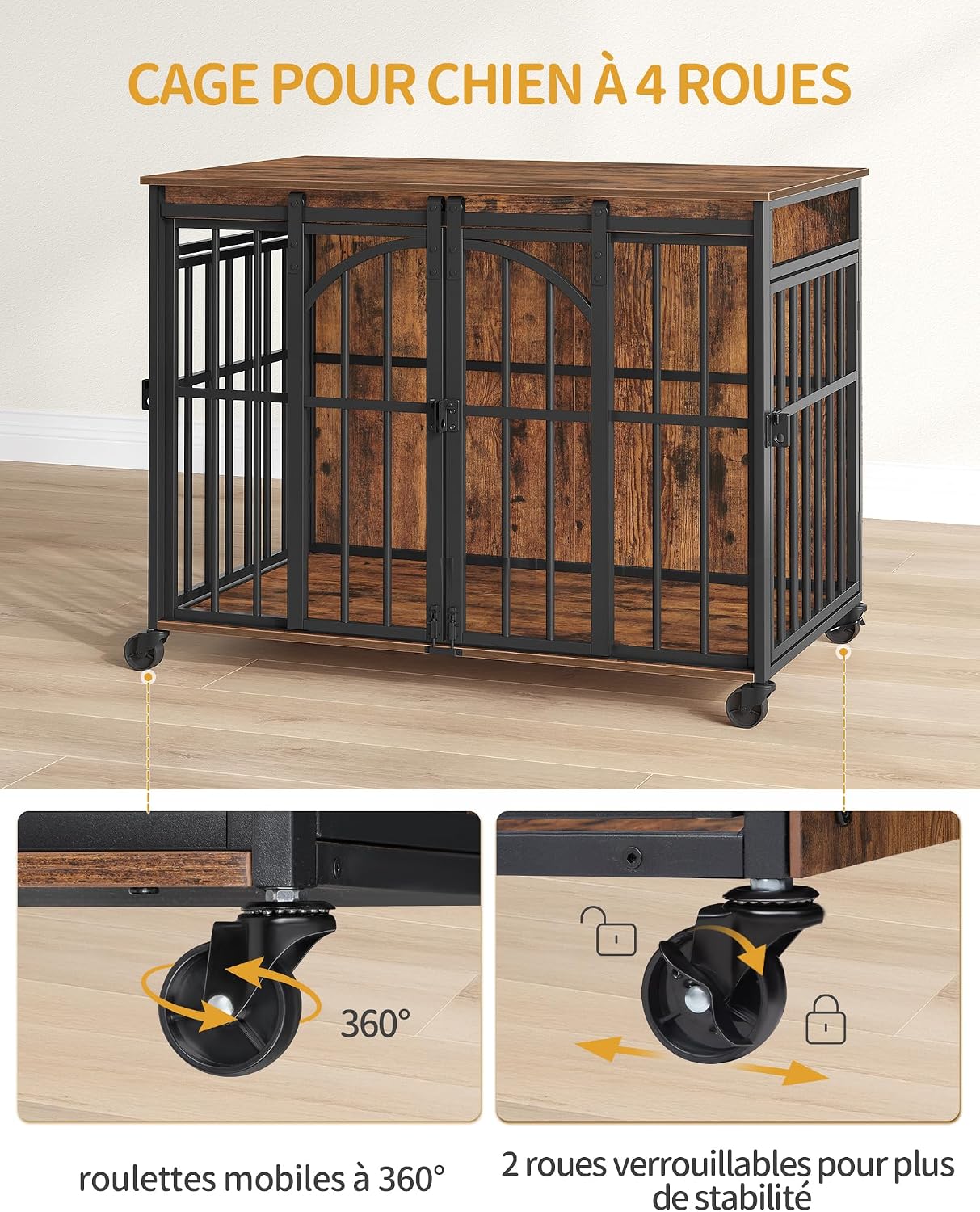 Detalle de Hzuaneri cage pour chien avec roulettes pivotantes 360° et porte coulissante, en bois (marron rustique)