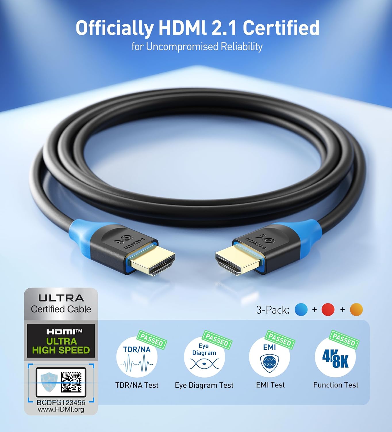 Thumbnail 1 de Cable Matters Certified Ultra High Speed HDMI 2.1 3-Pack (48Gbps) 8K HDMI Cables, 6.6 ft / 2m with 8K@60Hz, 4K@240Hz & HDR Support