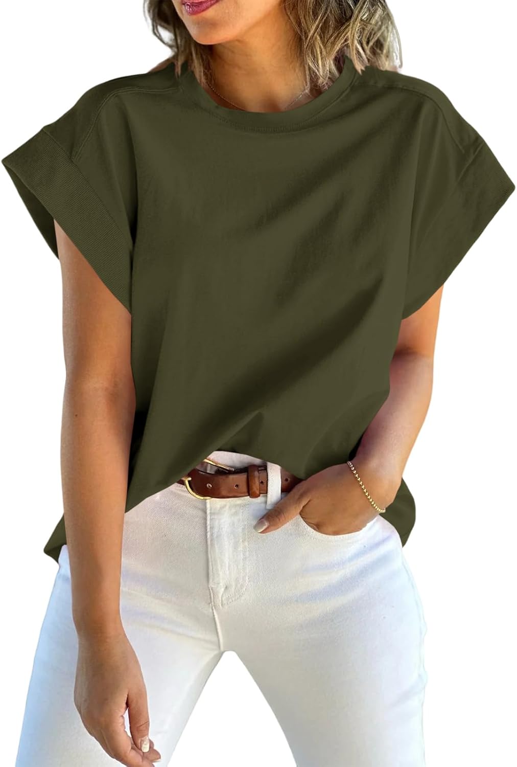 Thumbnail 1 de Tankaneo Women’s Cap Sleeve Tank Top (Crew Neck) — Solid Loose Fit Basic Tee