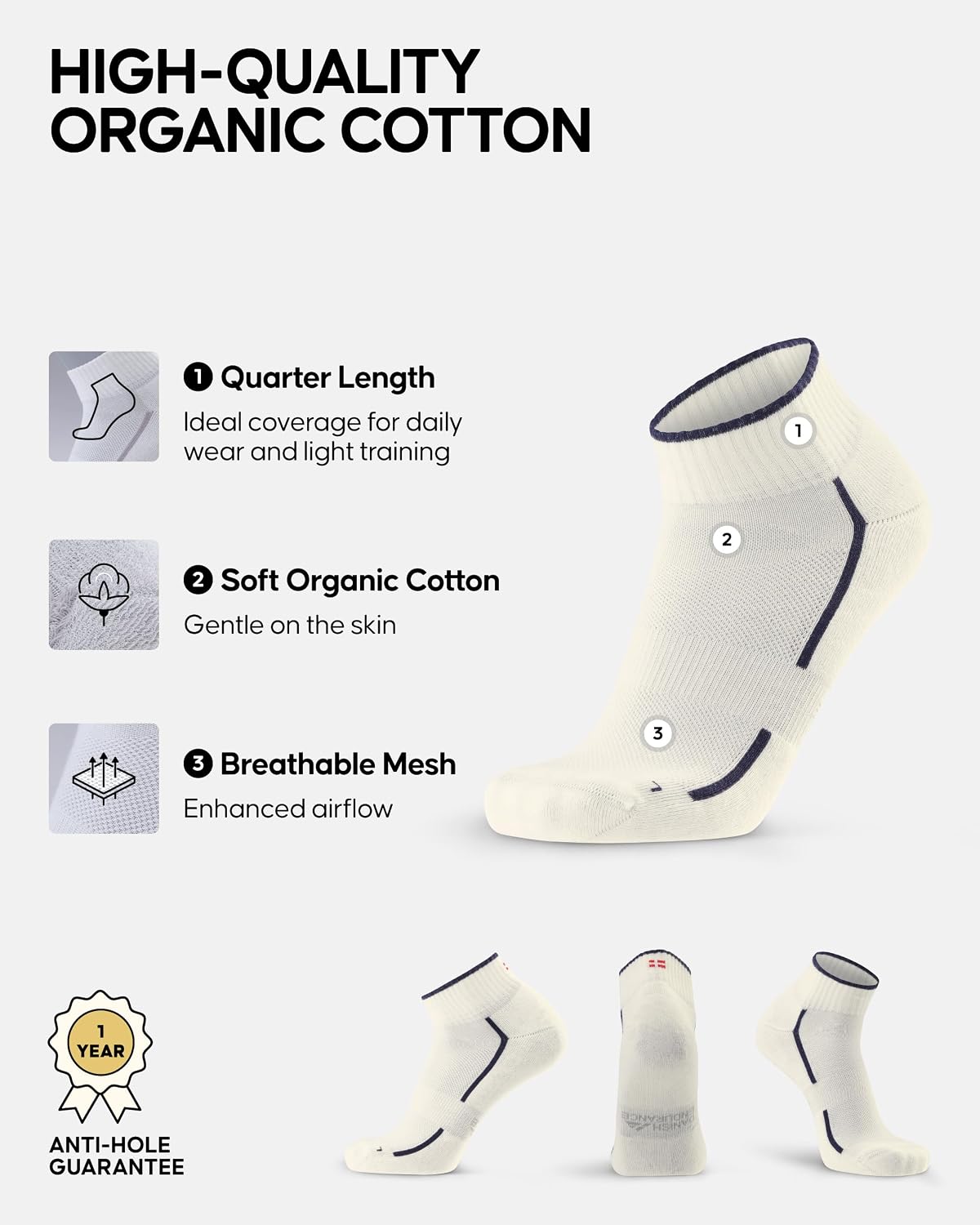 Detalle 2 de DANISH ENDURANCE Organic Cotton Quarter Sports Socks, Cushioned and Breathable