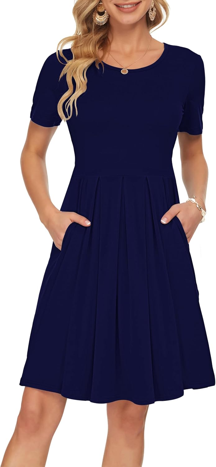 Detalle de AUSELILY Damen Kurzarm Plissee Loose Swing Freizeitkleid mit knielangen Taschen