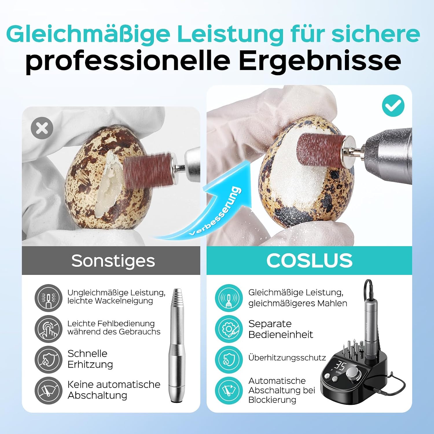 Detalle 2 de COSLUS E50 Nagelfräser Professionell Set – 35.000 U/min, LCD-Anzeige, 6 Bits, 31 Schleifbänder